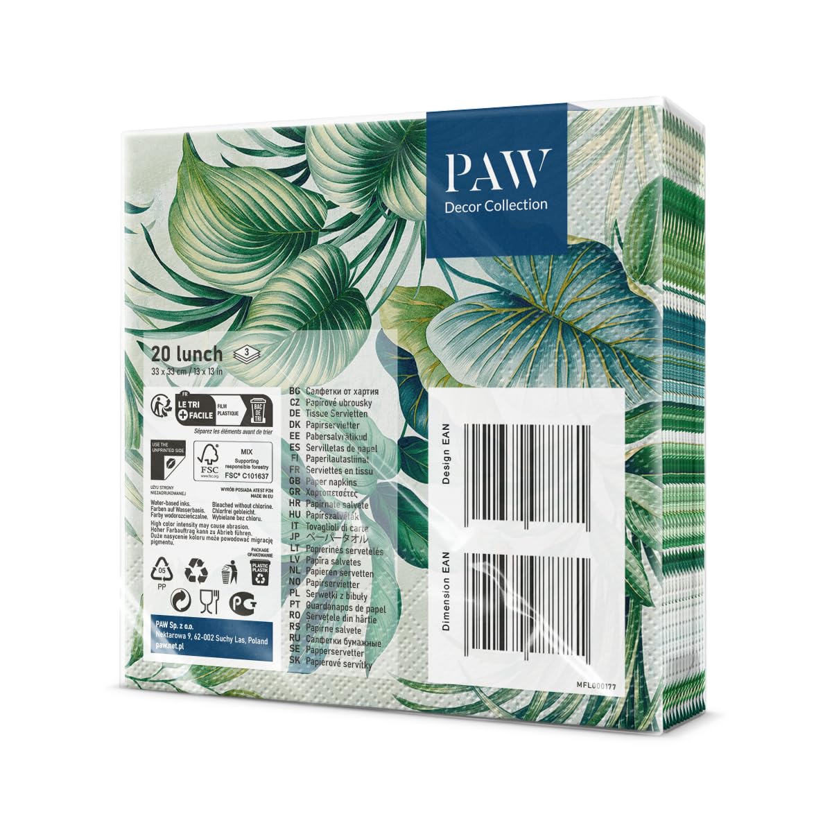 PAW Decor Collection Paper Napkins - Peacock Design | 33 x 33 cm | 20 Pack