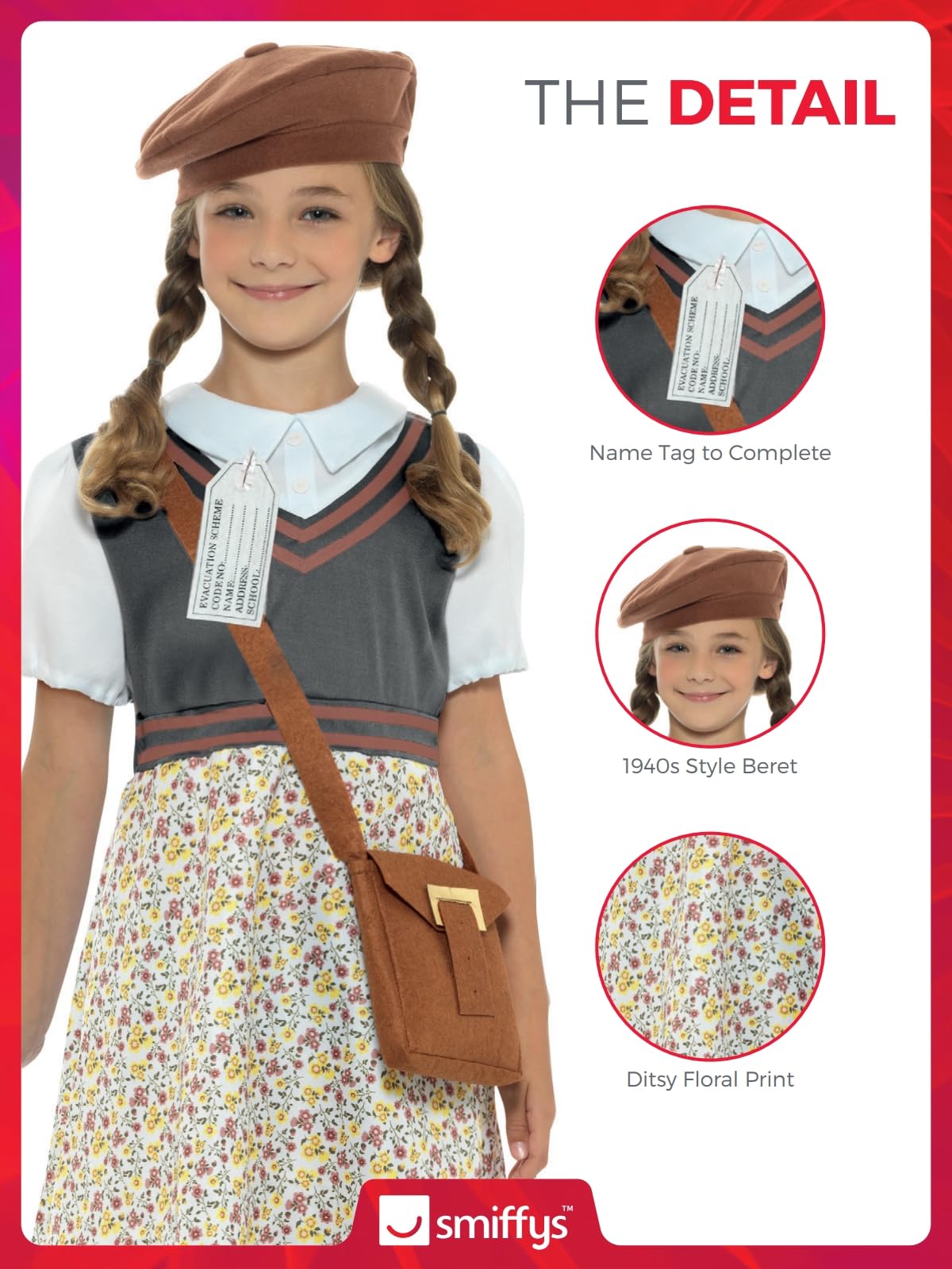 Smiffys Evacuee School Girl Costume - Dress, Hat, Bag & Name Tag for Girls 5