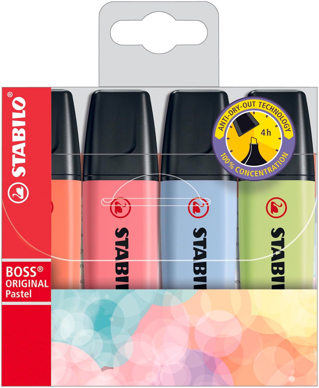 STABILO BOSS ORIGINAL Pastel Highlighter - Chisel Tip, 4 Count Wallet | 4 Hour Dry-Out Protection