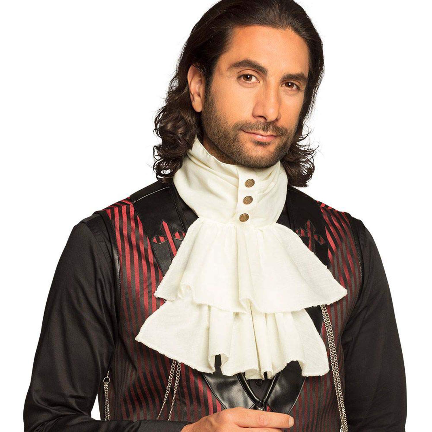 Boland White Jabot with Gold Buttons – Victorian Steampunk High Collar Neck Accessory
