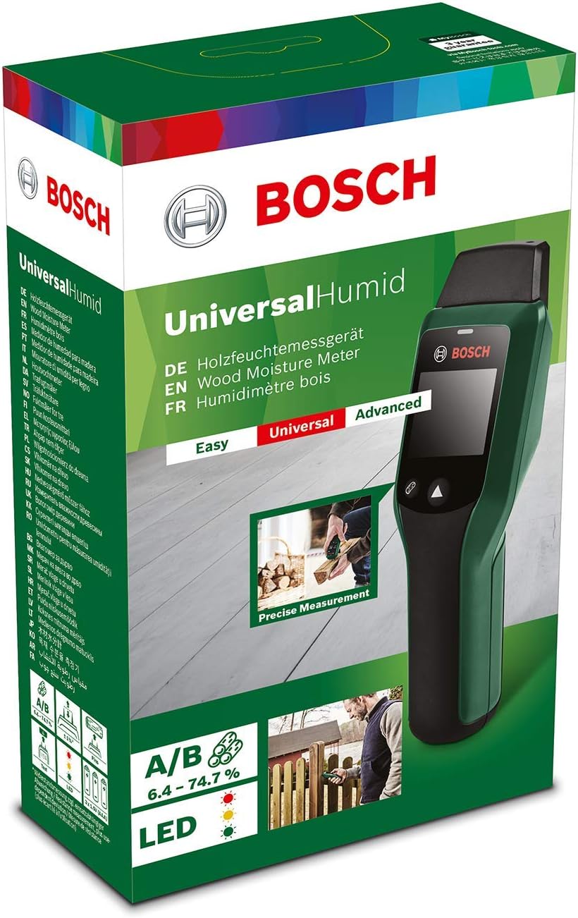 Bosch UniversalHumid Moisture Meter - Pin-Type Wood Moisture Detector with Traffic Light LED, Wood Group Selection, and Hold Function