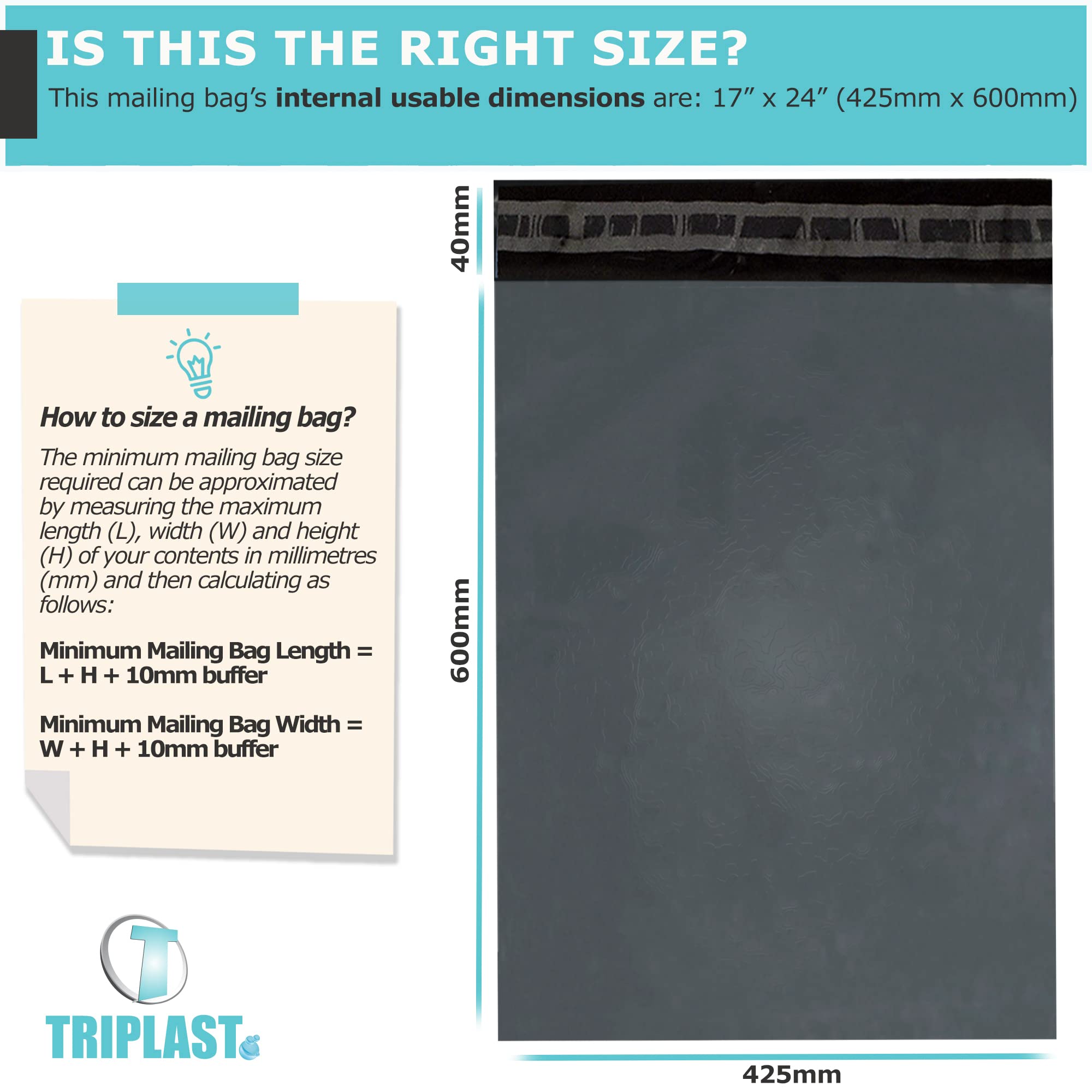 Triplast Grey Mailing Bags - 17 x 24 inch | 50 Pack | 55mu LDPE
