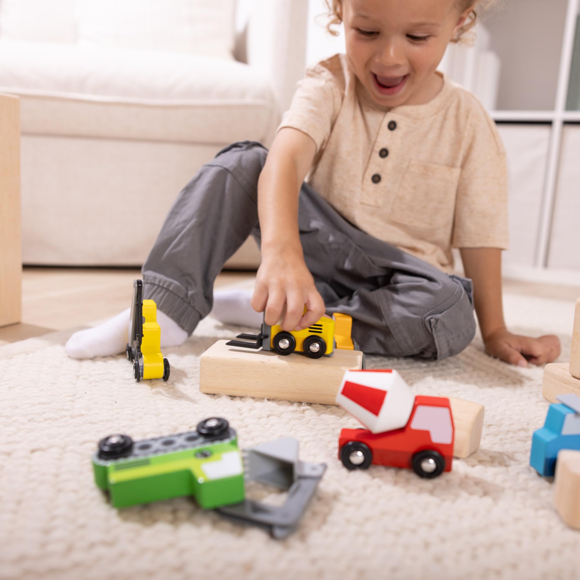 Melissa & Doug Wooden Construction Site Vehicles Playset - 7 Piece Set | Moving Parts | Ages 3-6 7