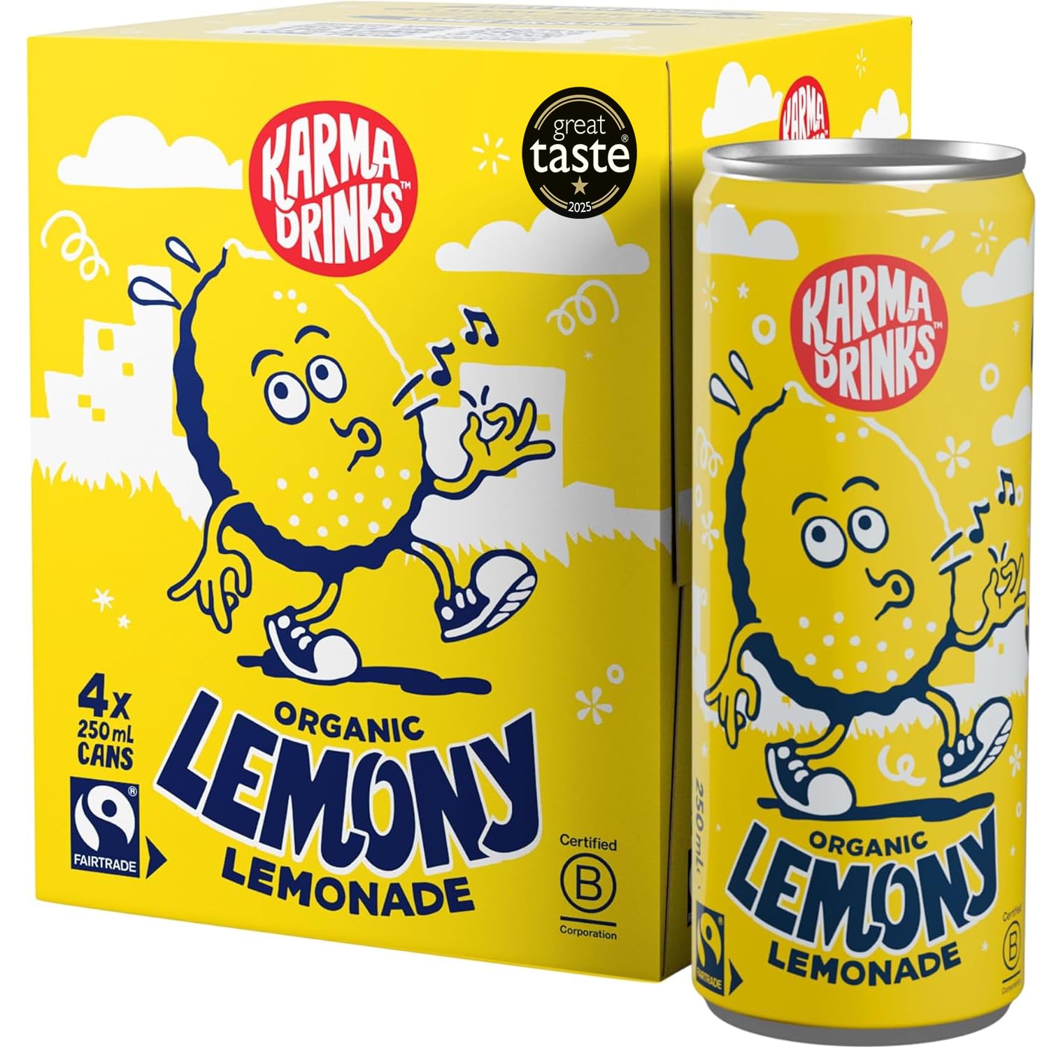 Karma Drinks Lemony Lemonade - Natural Fizzy Soft Drink (4 x 250ml Cans)