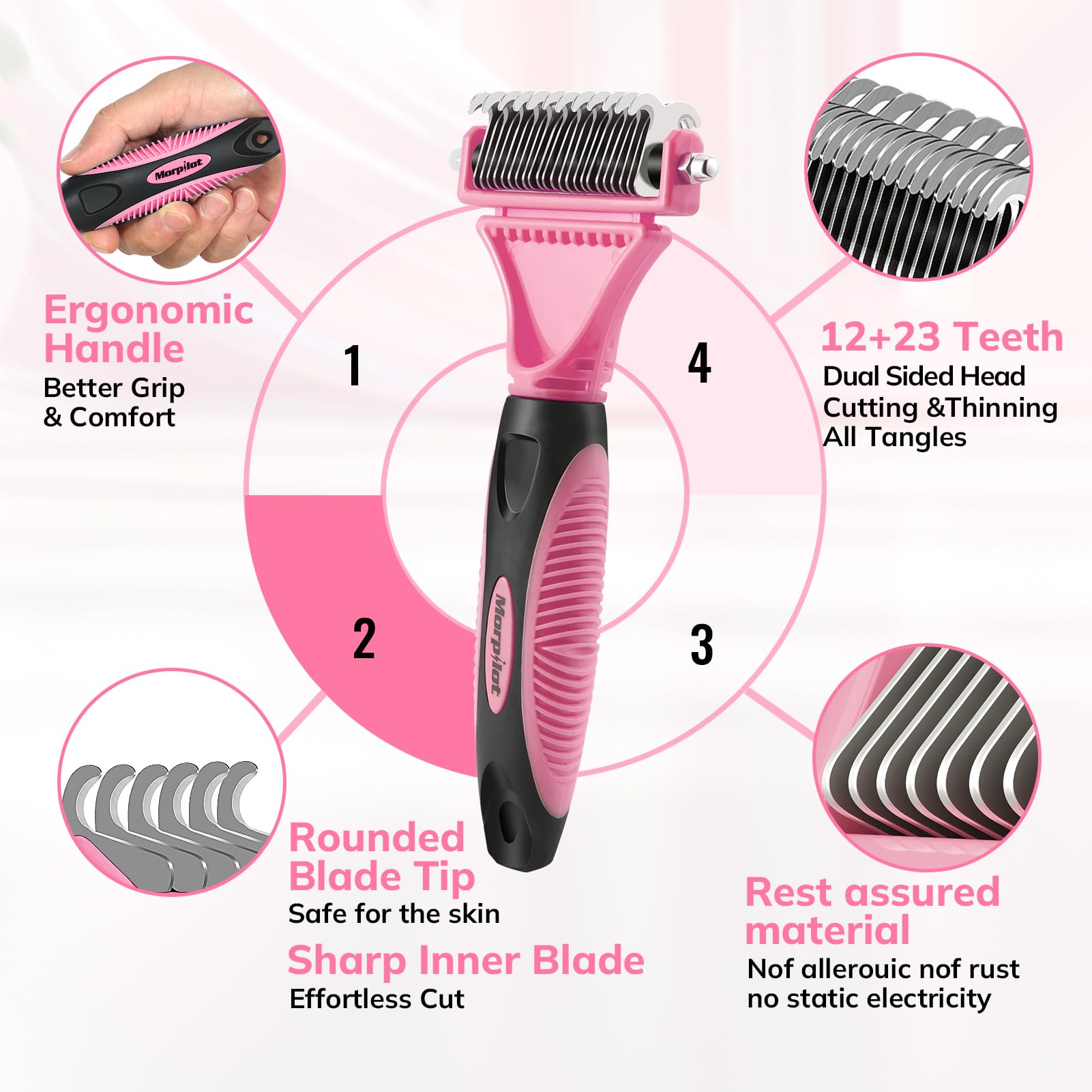 morpilot Double Sided Undercoat Rake Dematting Tool | 23+12 Teeth | Reduces Hair Loss up to 90% | Pink 2