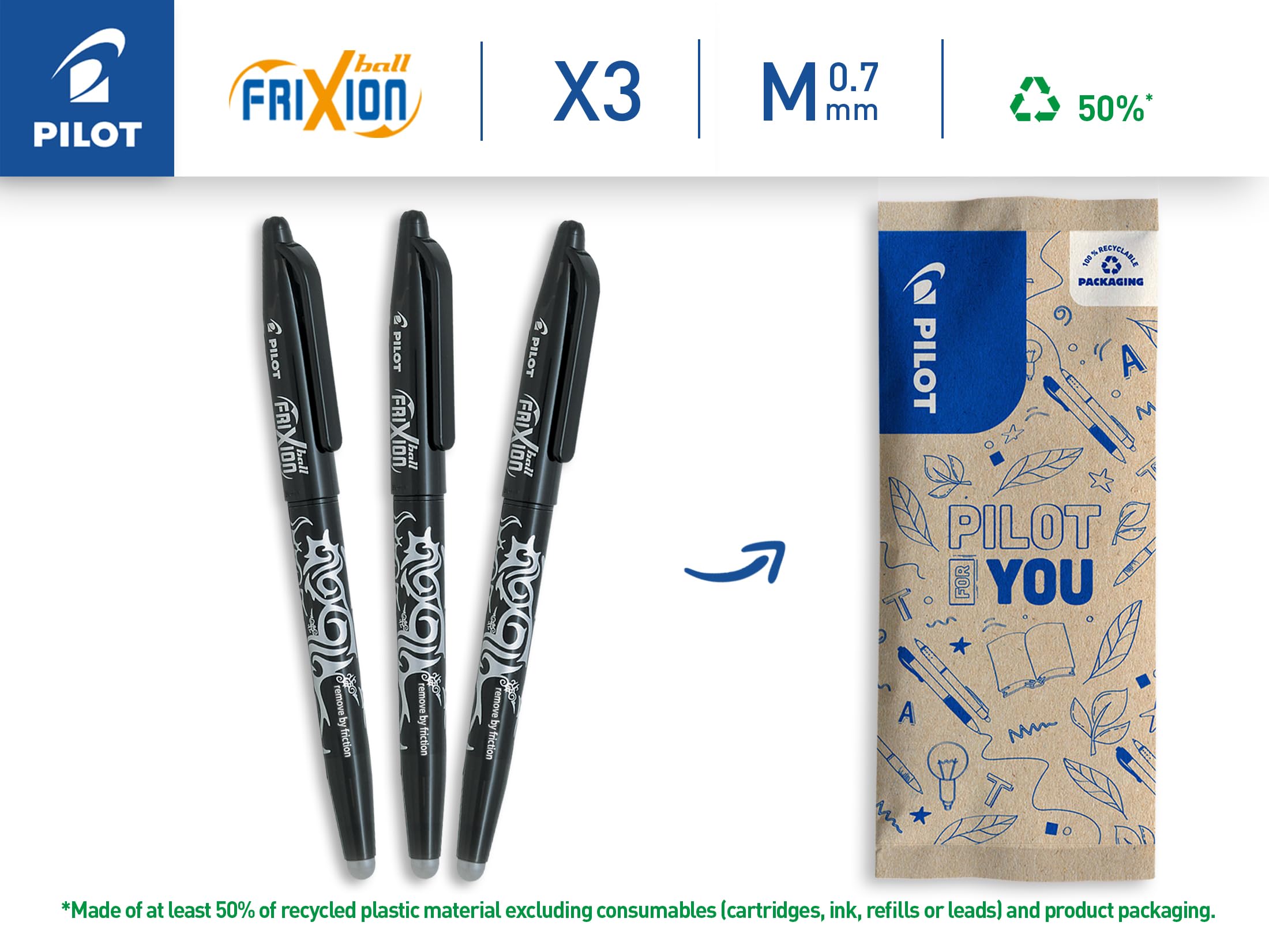 PILOT FriXion Ball 07 Erasable Gel Ink Rollerball Pen - Black Ink, 0.7mm Medium Tip, Refillable 2