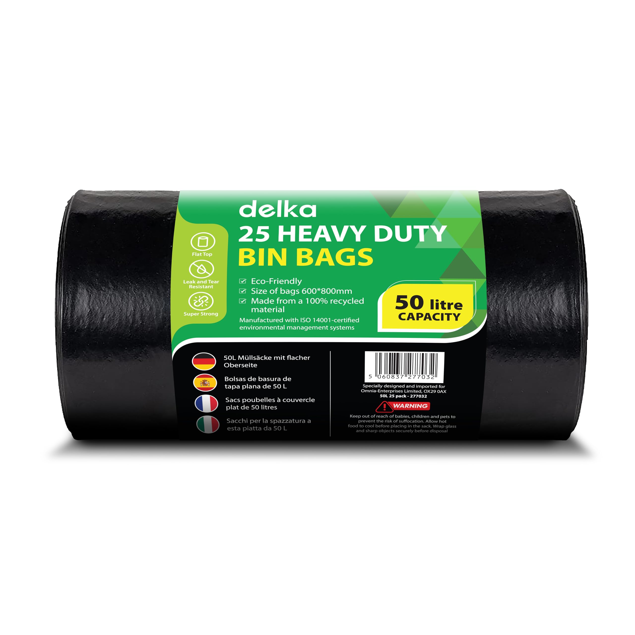 delka Heavy Duty Bin Liners - Extra Strong, Leak-Proof, 50L Capacity, Pack of 25
