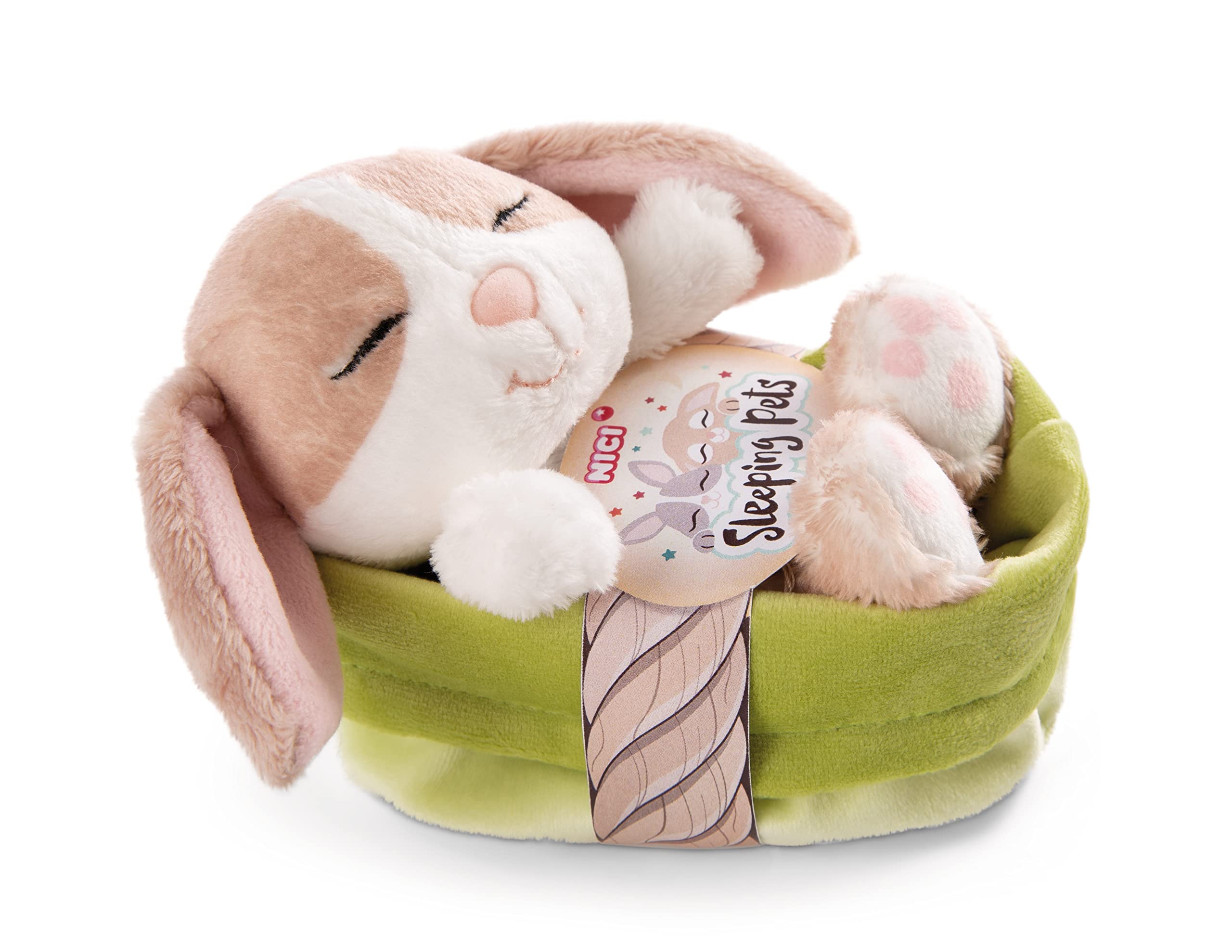 NICI Sleeping Pets Bunny Cappuccino in Green Basket - Plush Stuffed Animal 12cm 1