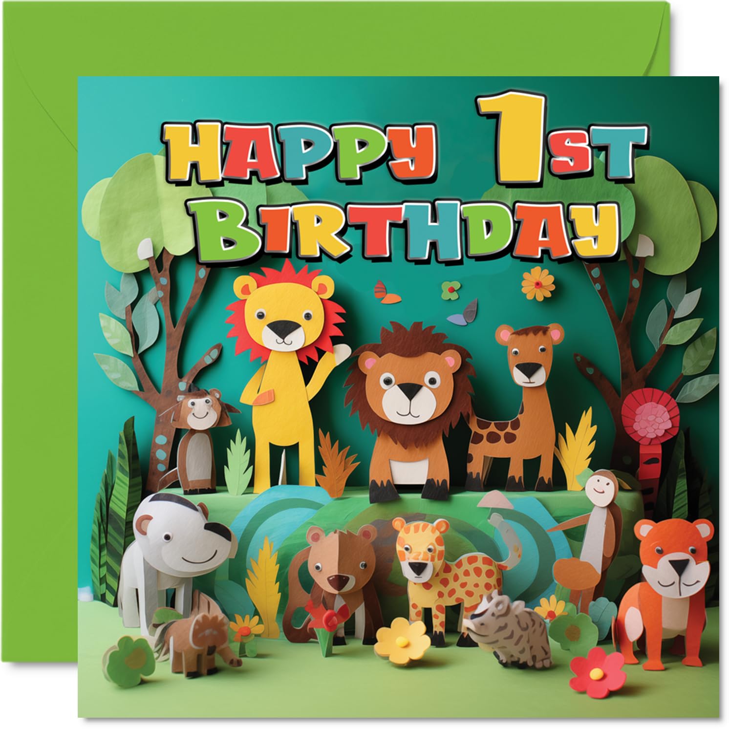 Stuff4 1st Birthday Card for Boys Girls - Jungle Animals Design | 145mm x 145mm