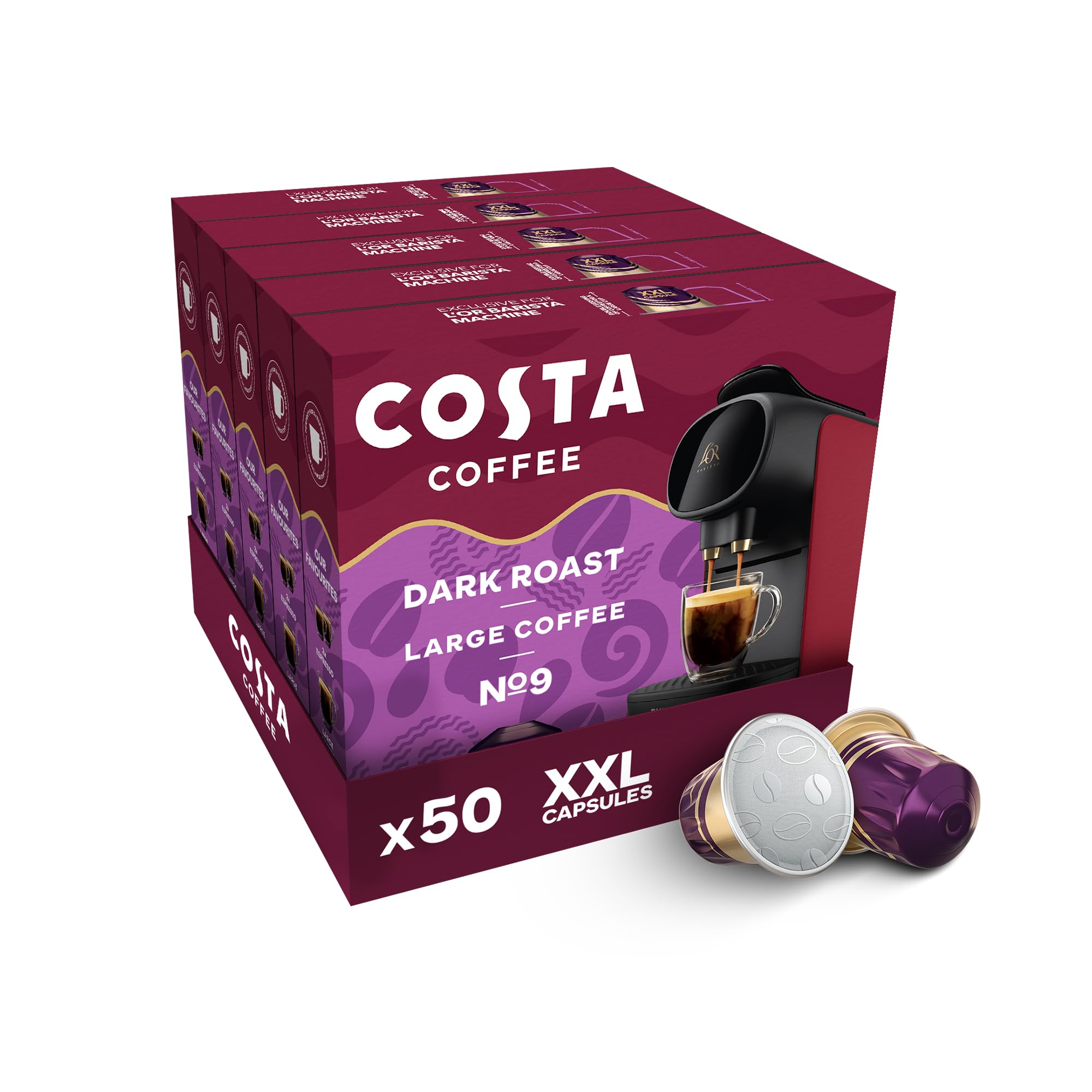 Costa Dark Intense Roast XXL Coffee Pods (Pack of 5, 50 Capsules) for L'OR BARISTA 7