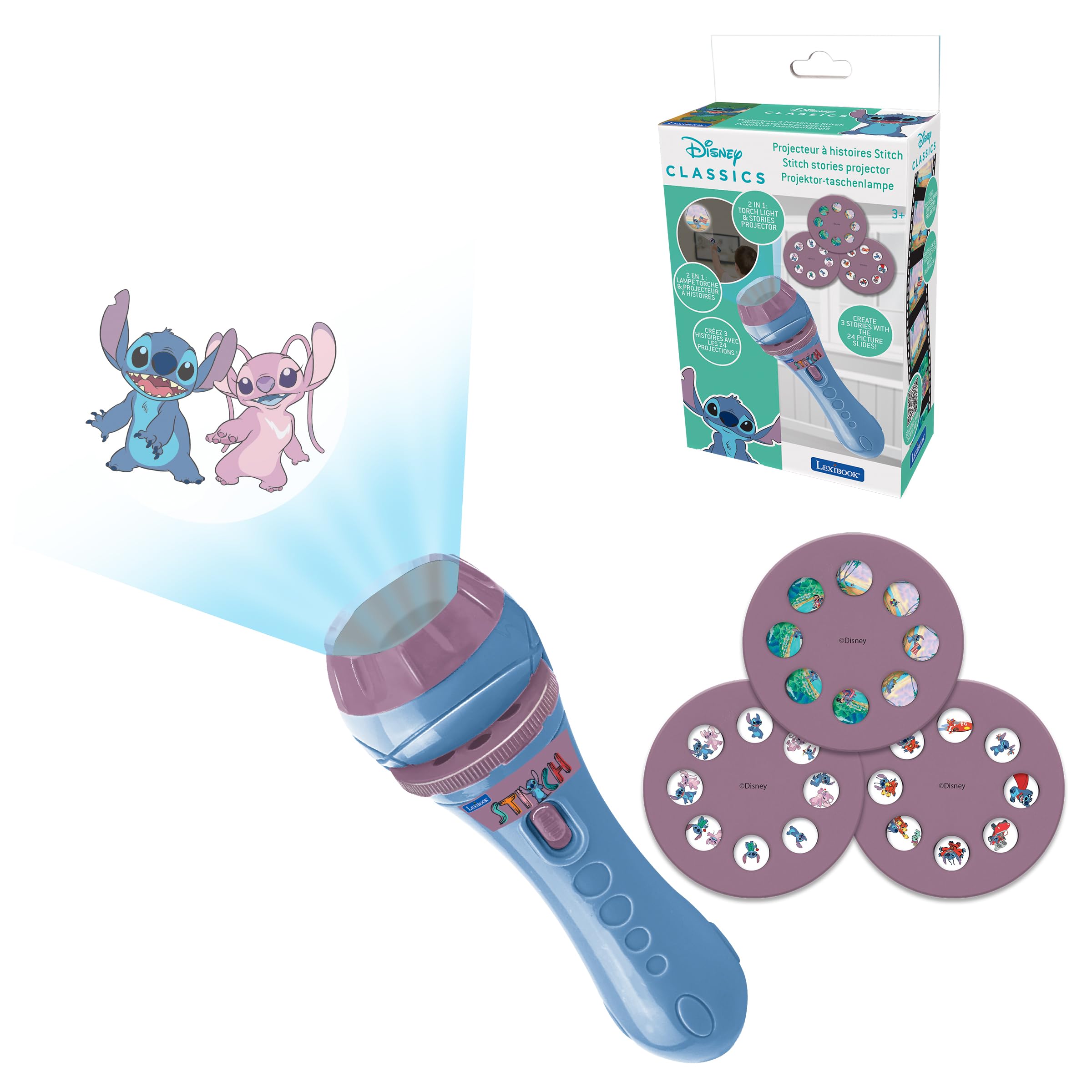 Lexibook Disney Stitch 2-in-1 Torch Light & Projector with 3 Discs - 24 Images for Storytelling, Blue