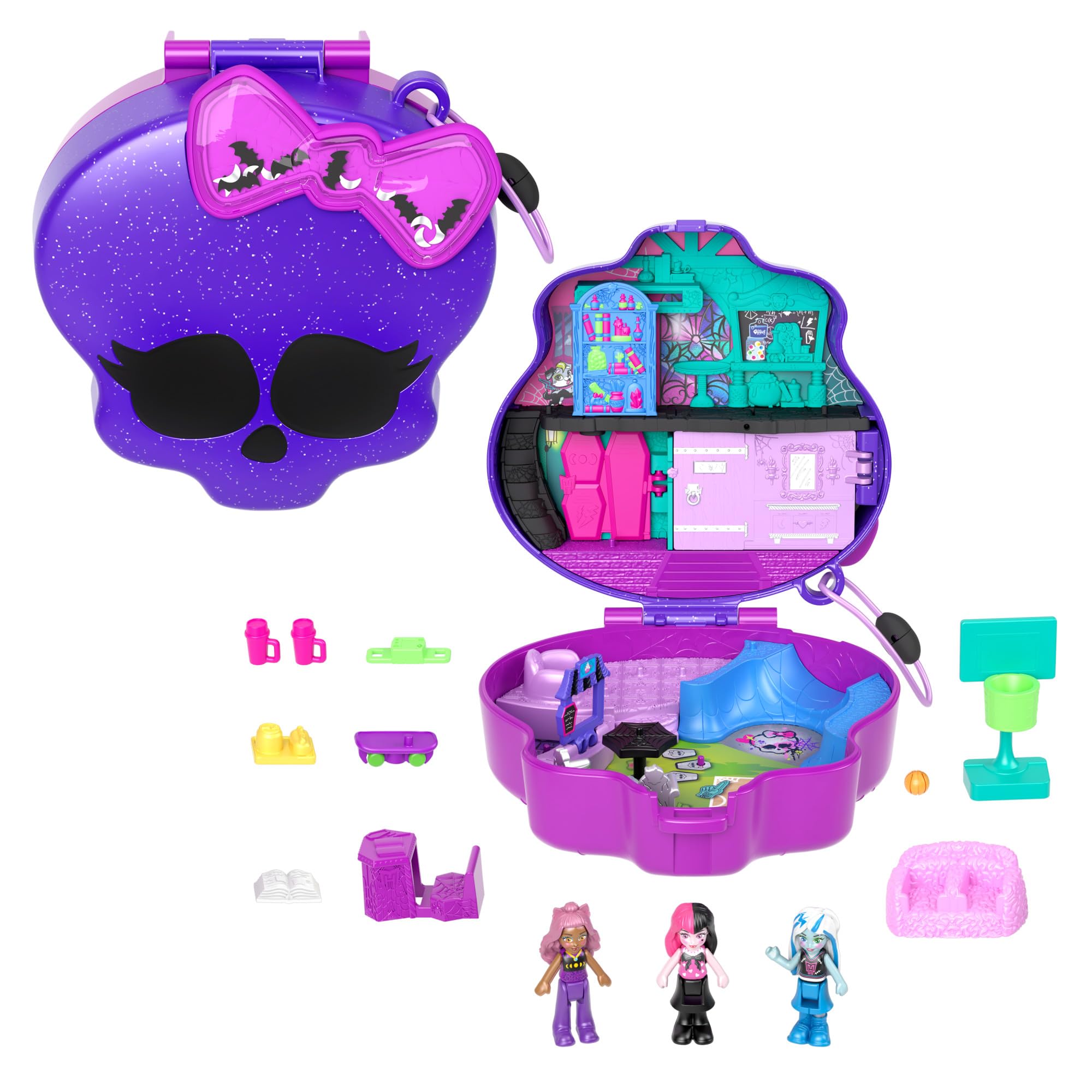 Polly Pocket Monster High Playset with 3 Micro Dolls & 10 Accessories | Ages 4+ 1