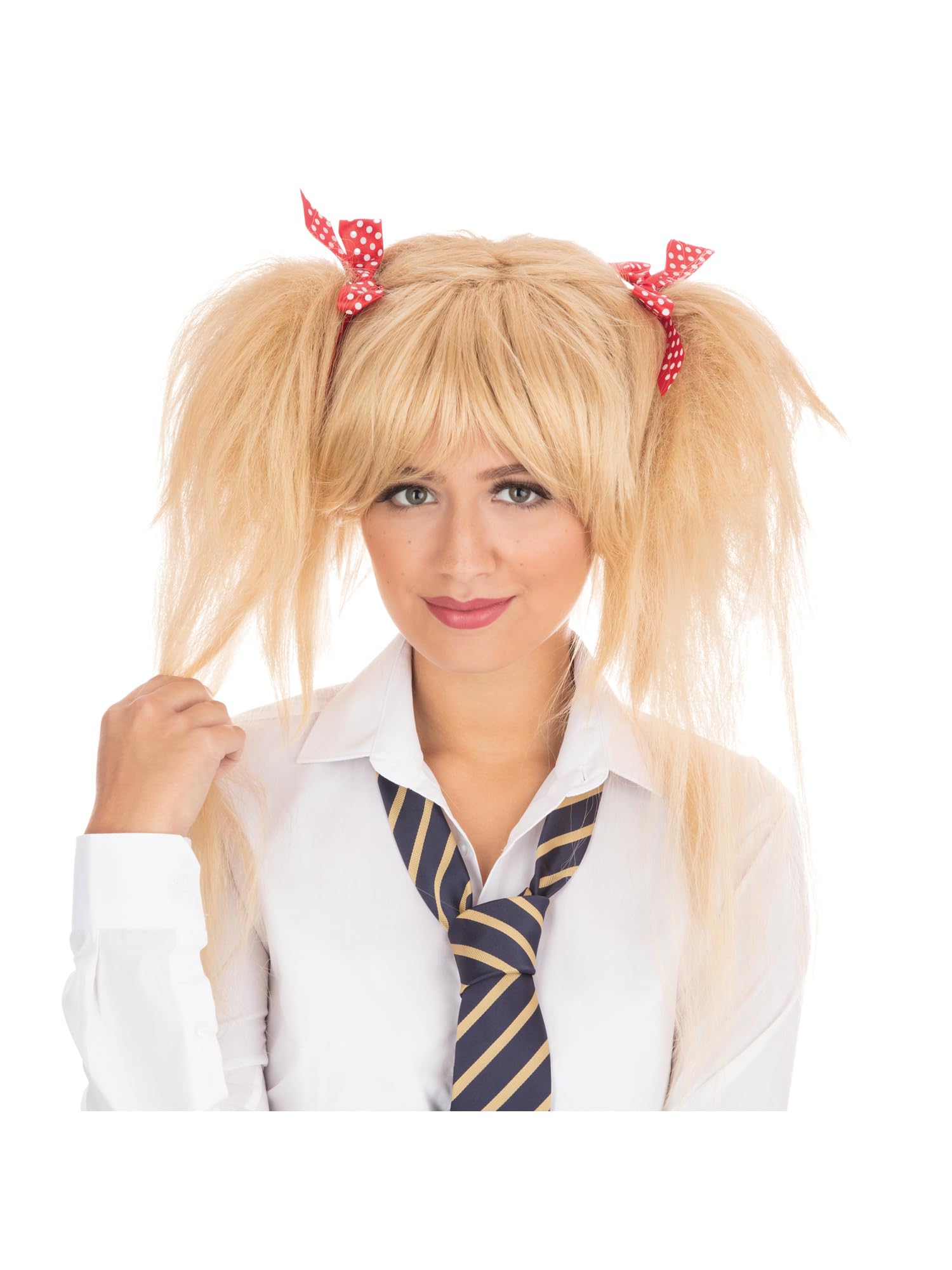 Bristol Novelty Schoolgirl Wig - Blonde with Red Bows | Adult Costume Accessory | One Size 1
