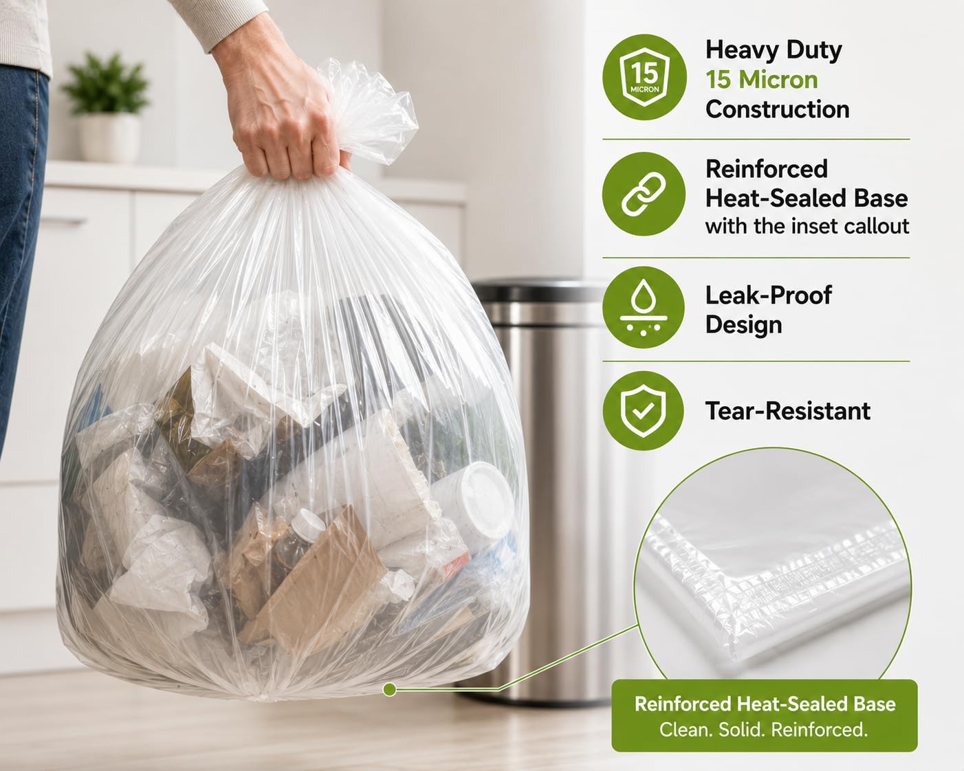 EcoBag Heavy Duty Swing Bin Liners - 55L Capacity, 30 Count | White Plastic 4