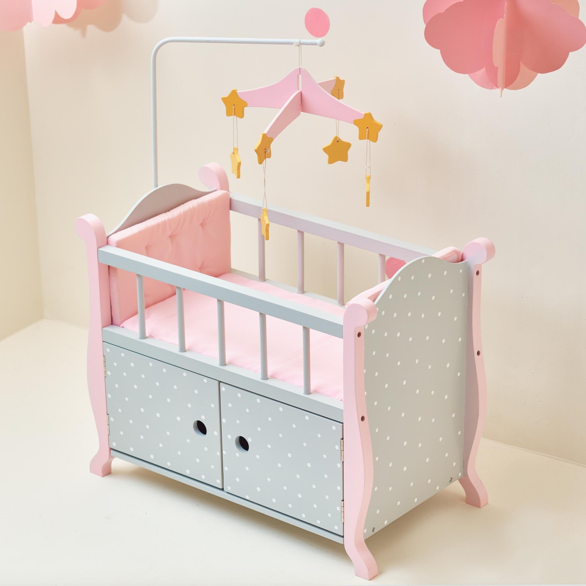 Olivia's Little World Polka Dot Princess Wooden Baby Doll Crib with Storage | Pink, MDF