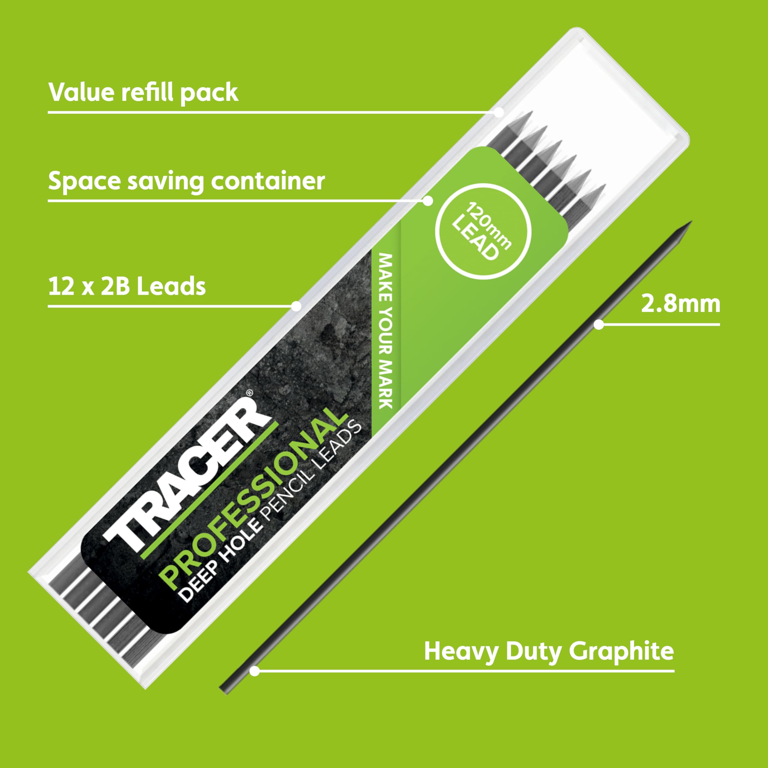 Tracer 2.8mm Graphite Mechanical Pencil Leads - 12 Pack, 2B Hardness | Water Resistant
