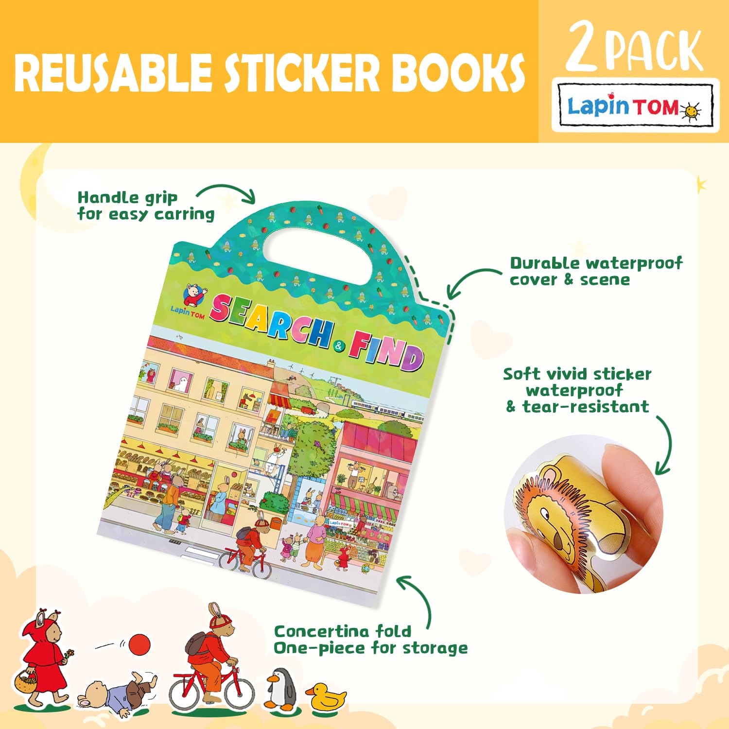 GUYUCOM Reusable 3D Sticker Book for Kids - Tom the Little Rabbit Theme | 2 Pack | Ages 2+ 4