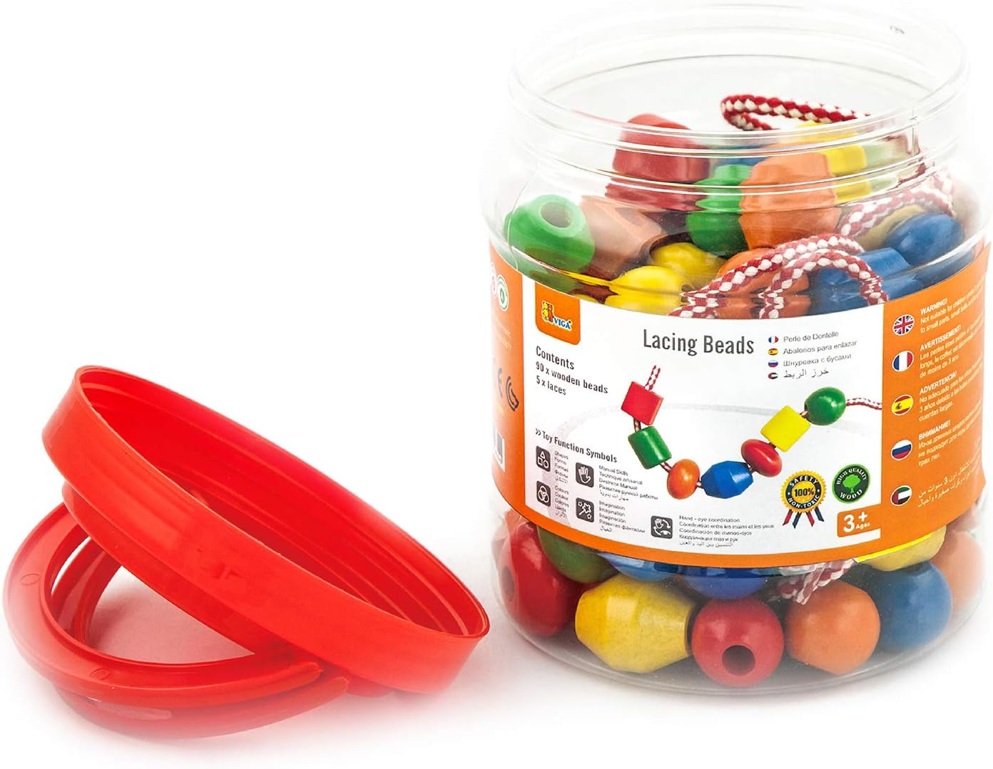 Viga Wooden Jumbo Lacing Beads Tub - Educational Threading Toy for Kids 3+ 6