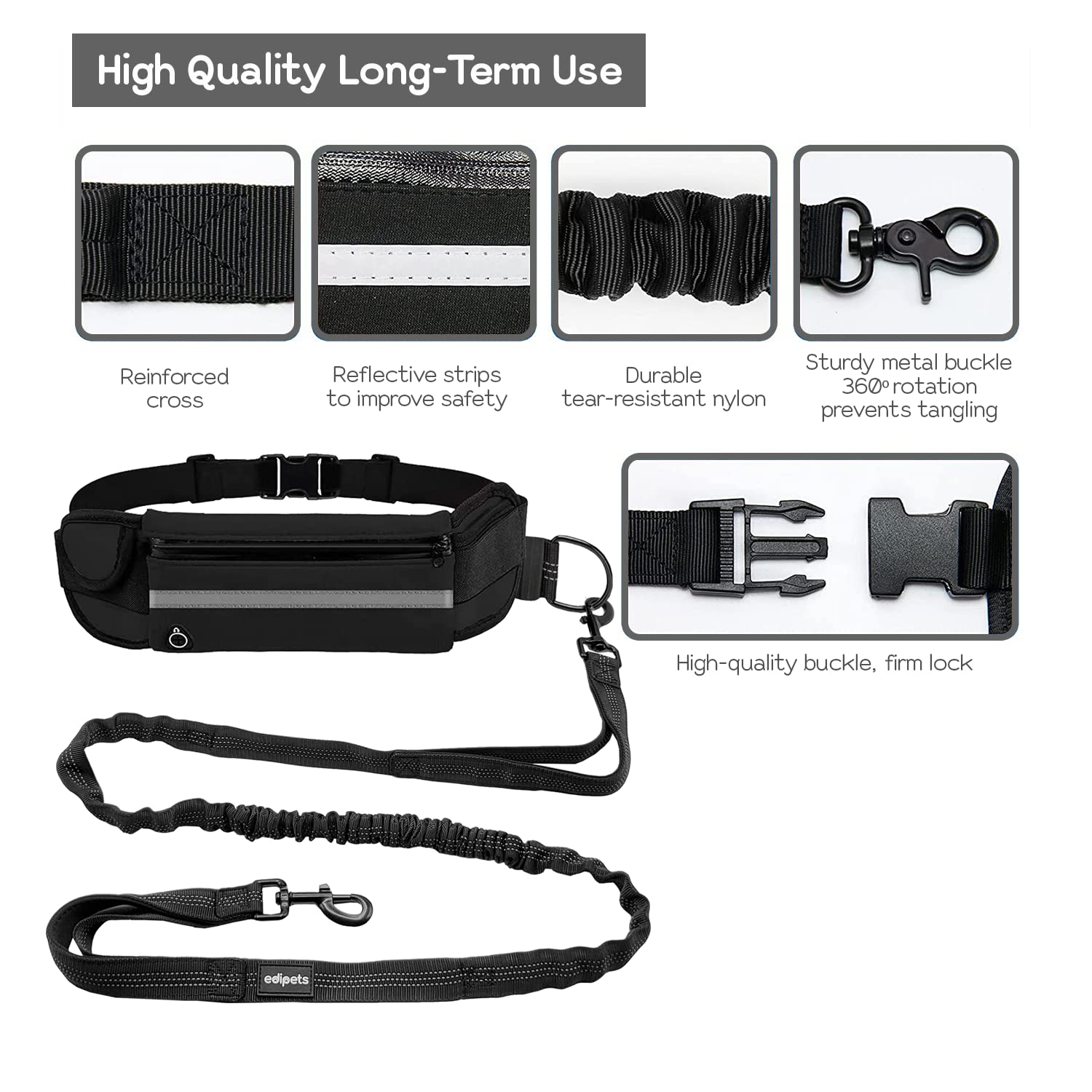 Edipets Hands Free Dog Running Lead - Waist Belt, Anti-Strain, Reflective, 1.6 Meters