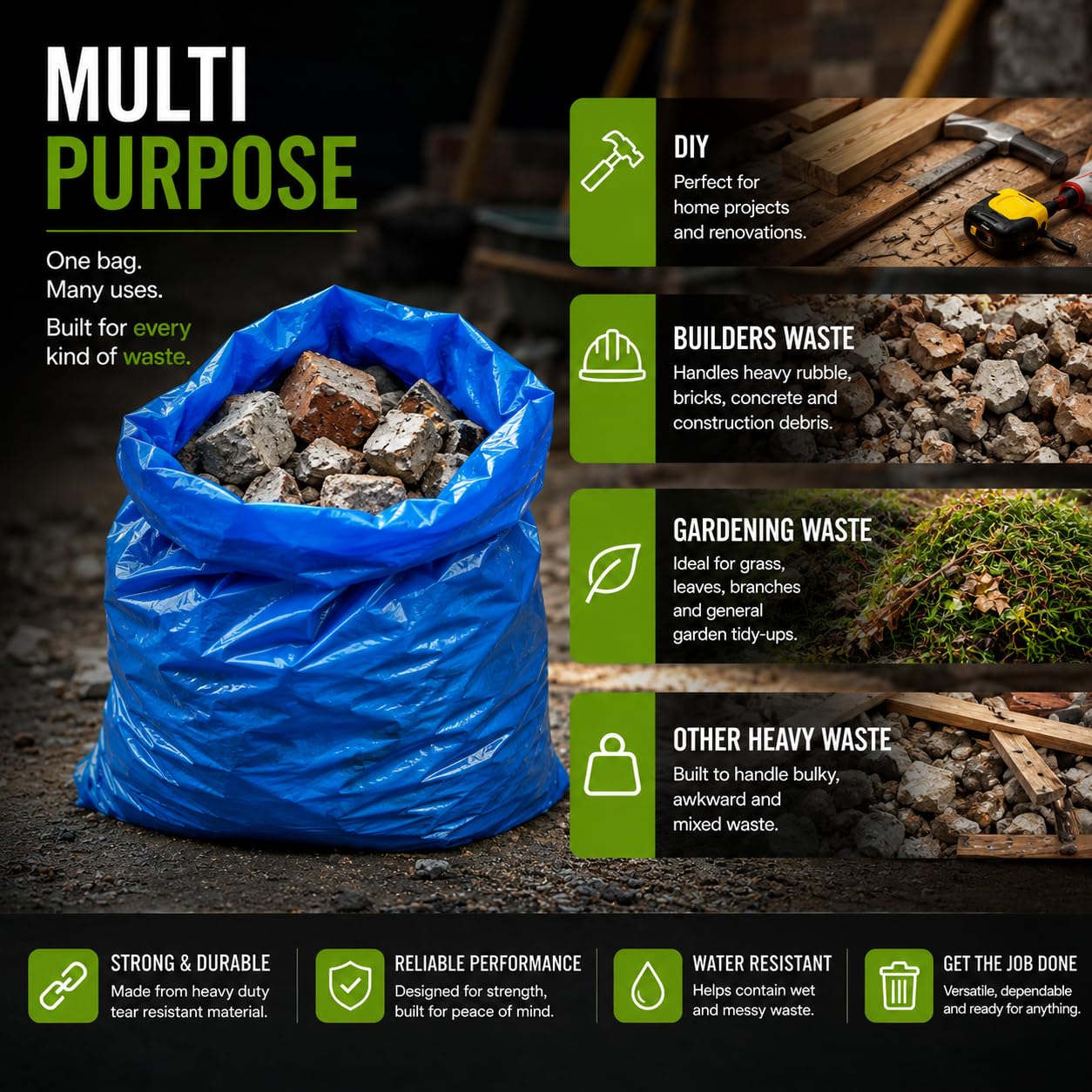EcoBag Rubble Sacks - 20 Count Heavy Duty Bin Liners | 40 Litre Capacity | 100 Microns Thick