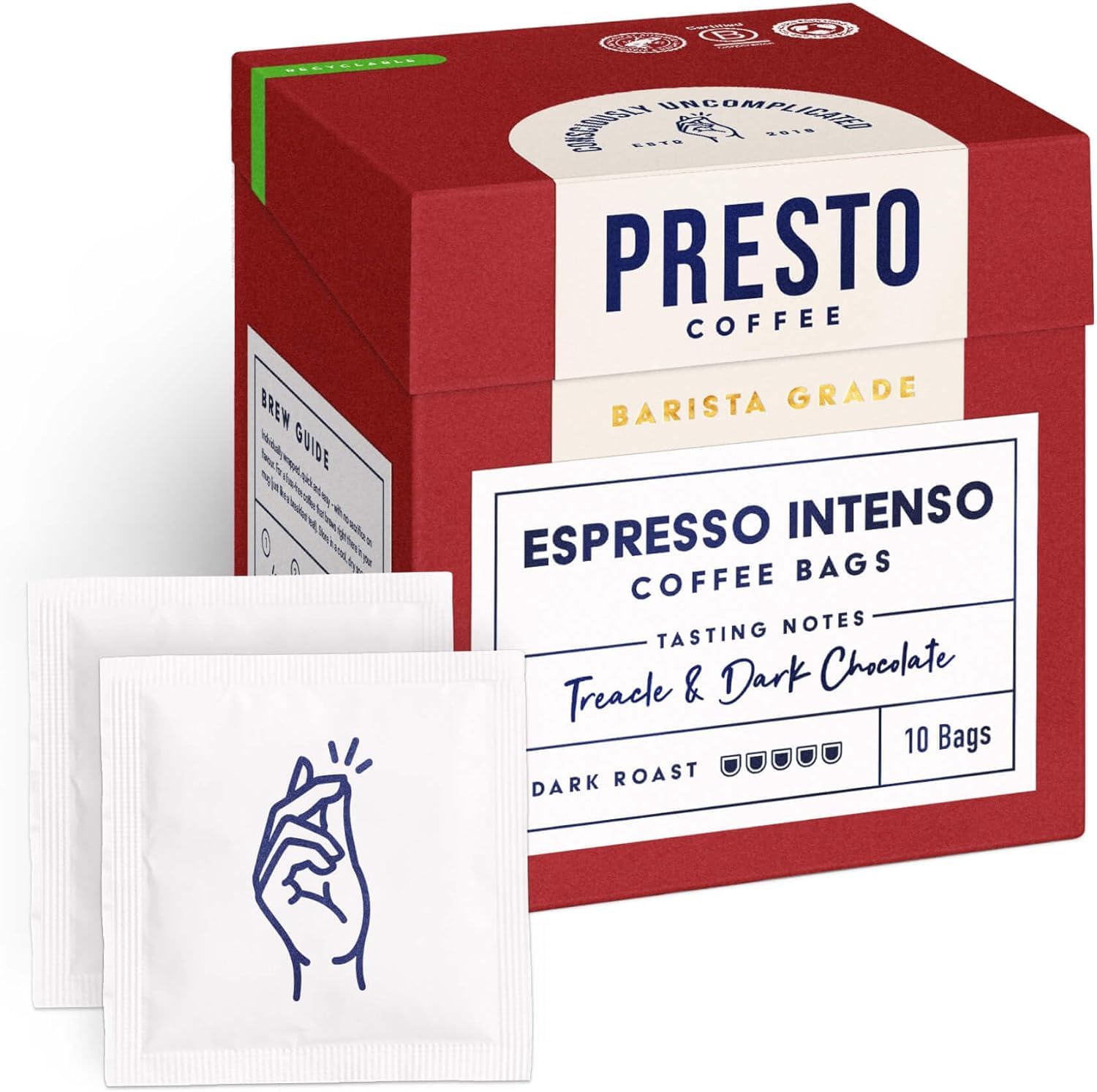 Presto Coffee Espresso Intenso Coffee Bags - 80g - Medium Roast - Convenient Ground Coffee