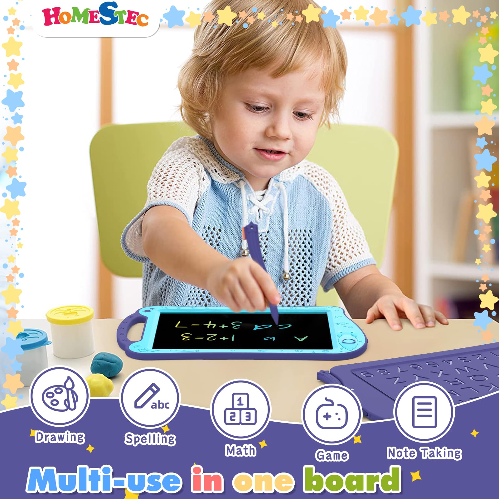 HOMESTEC AstroDraw Space Drawing Pad for Kids - LCD Writing Tablet with Handle, Educational Toddler Toy for Ages 18 Months and Up (Aqua/Purple) 11
