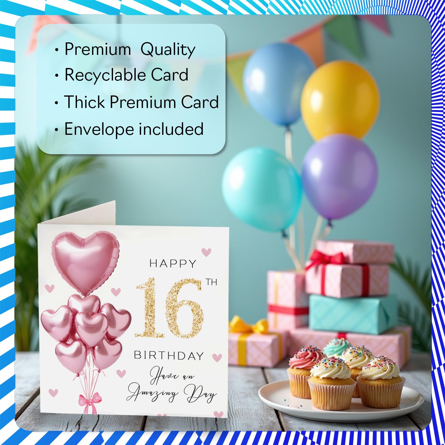 Stuff4 16th Birthday Card for Girls - Pink Glitter Balloons Design | 145mm Square 3