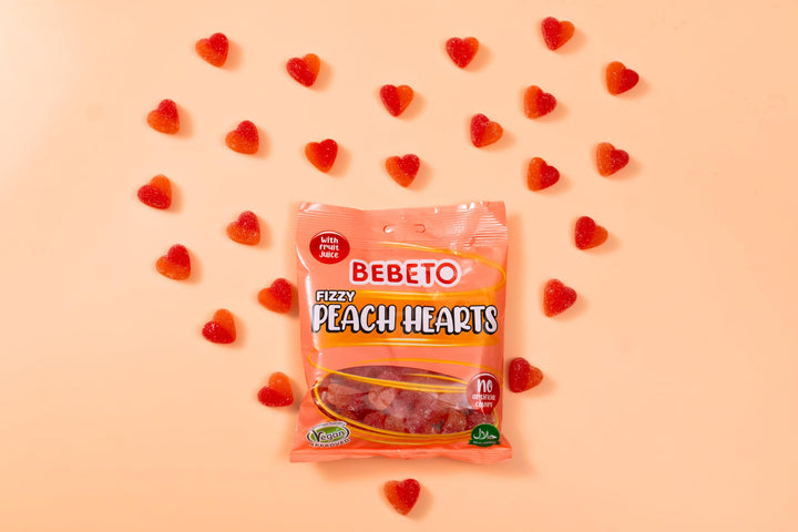 Bebeto Peach Hearts Fizzy Chewy Candy (150g) - Real Fruit Juice, No Artificial Colours