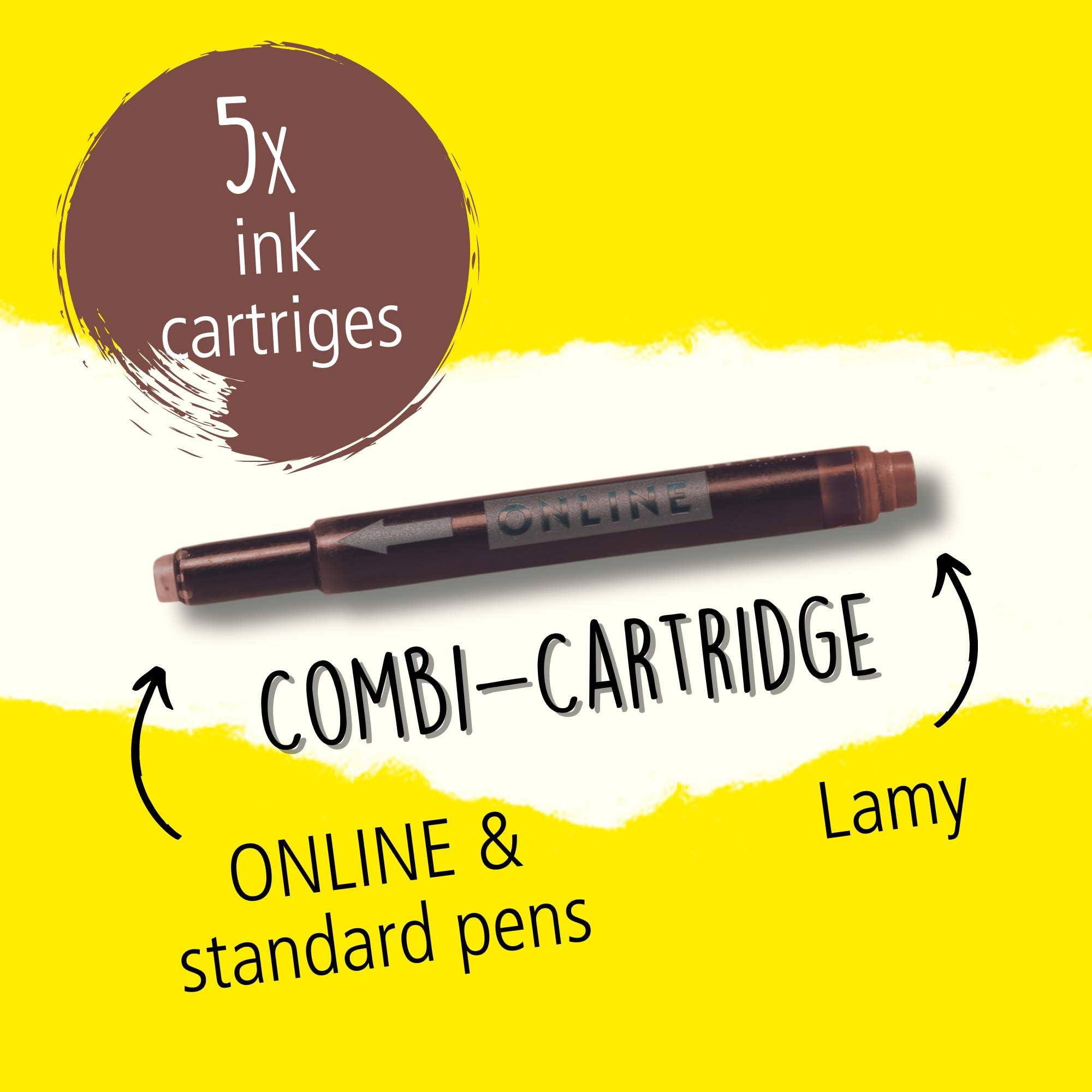 Online Universal Double-Sided Fountain Pen Refills - Brown Ink | 5 Cartridges | Compatible with Lamy