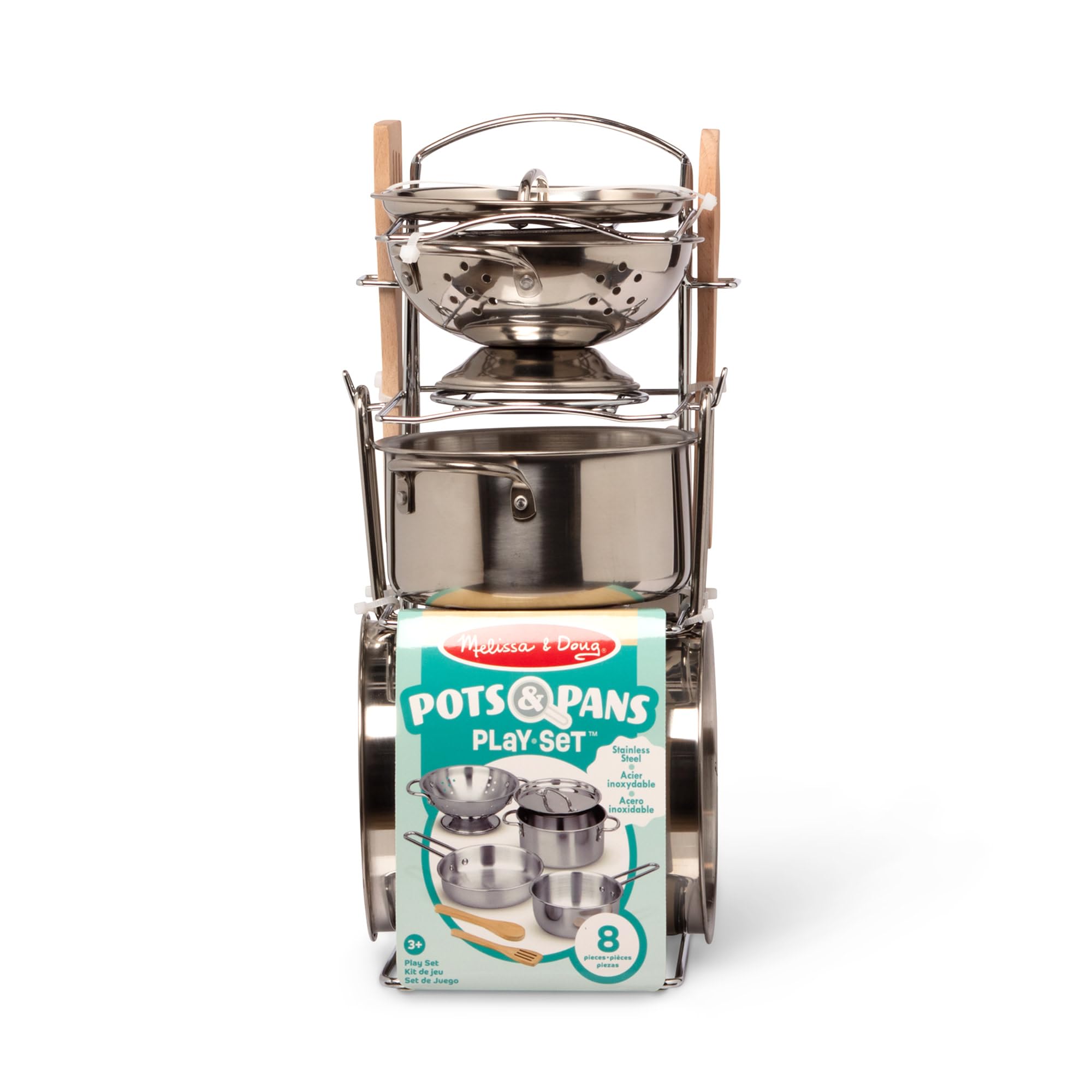 Melissa & Doug Stainless Steel Pots and Pans Pretend Play Kitchen Set - 8 Pcs | Ages 3+ 4