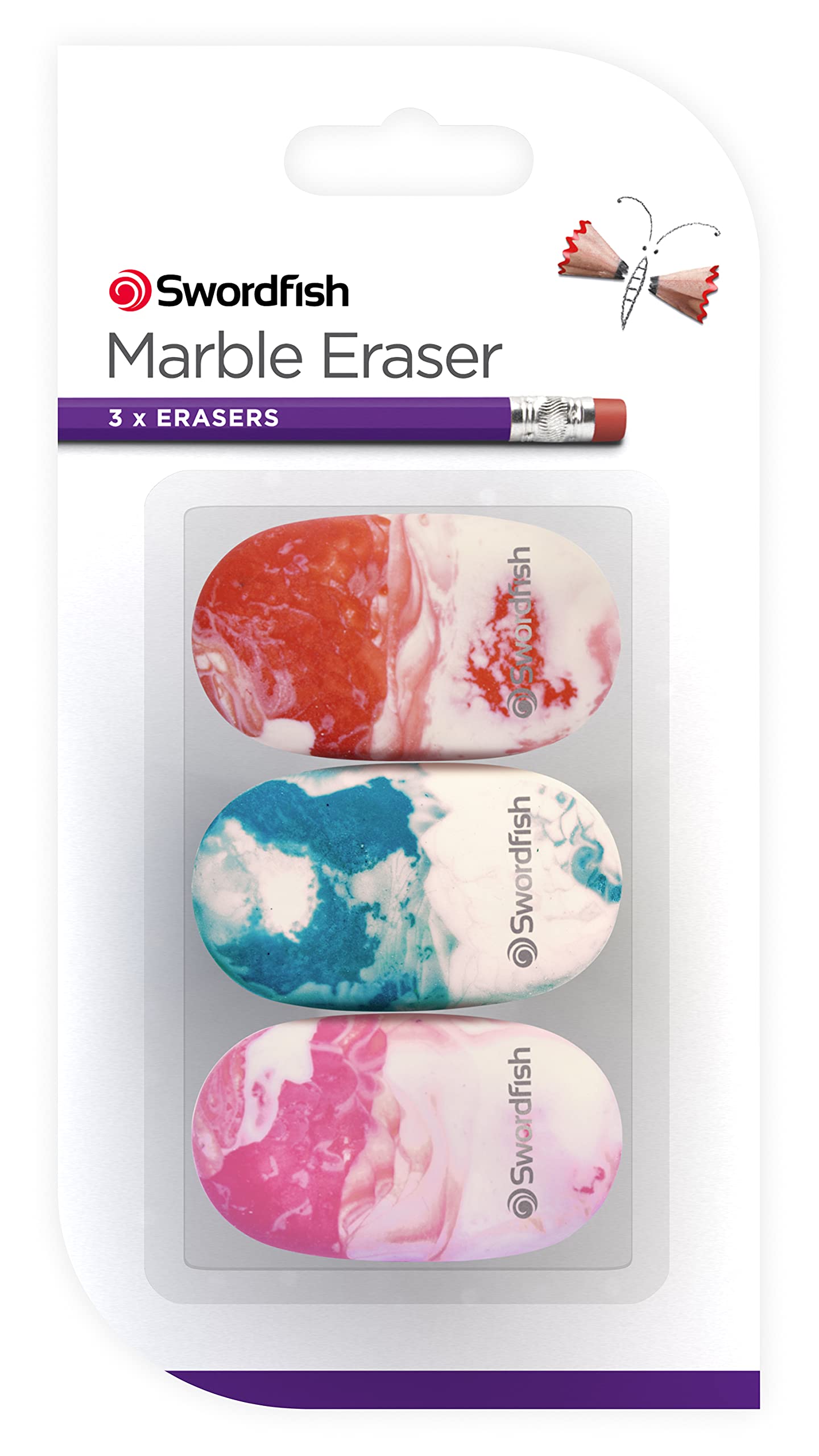 Swordfish Marble Eraser - PVC & Phthalate Free | Pack of 3 | Assorted Colors