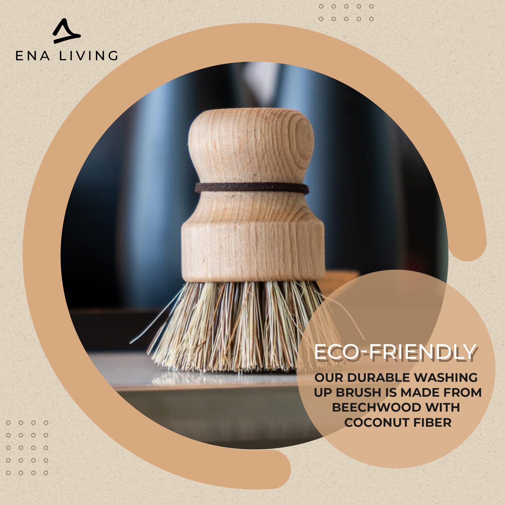 ENA Living - Wooden Pot Brush | FSC-Certified Beechwood with Coconut Fiber Bristles (9x6 cm) 4