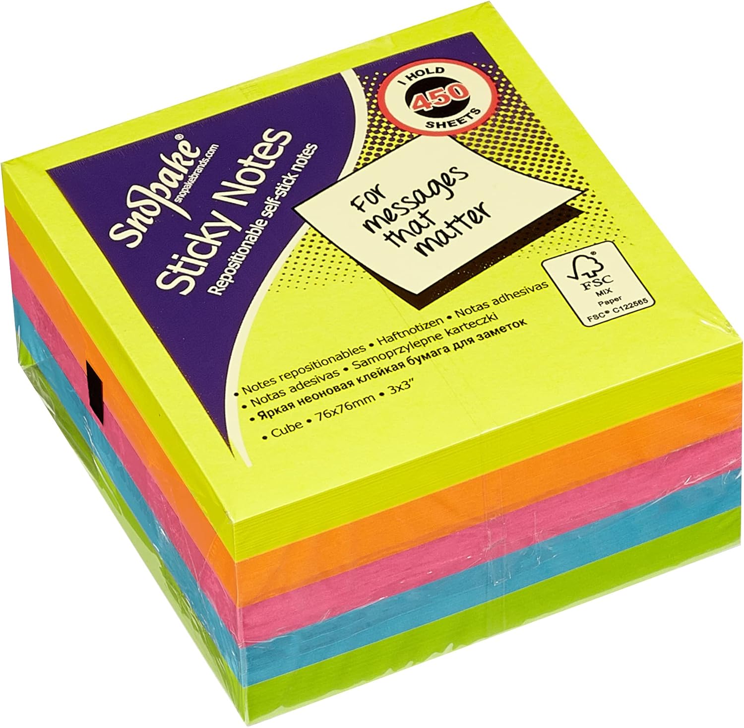 Snopake 76 x 76 mm Neon Assorted Sticky Notes [Cube of 450 Sheets] 11702 1
