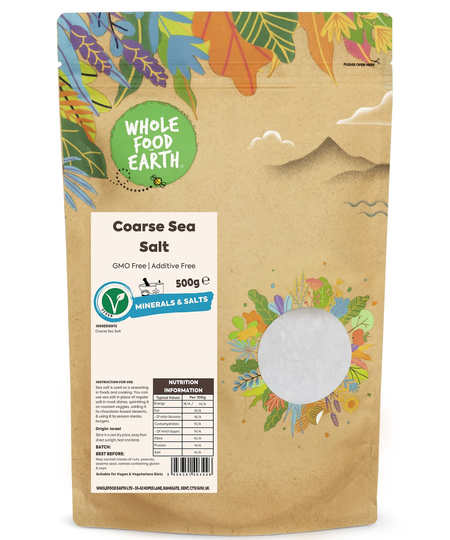 Wholefood Earth Coarse Sea Salt - 500g Bag | GMO Free | Additive Free