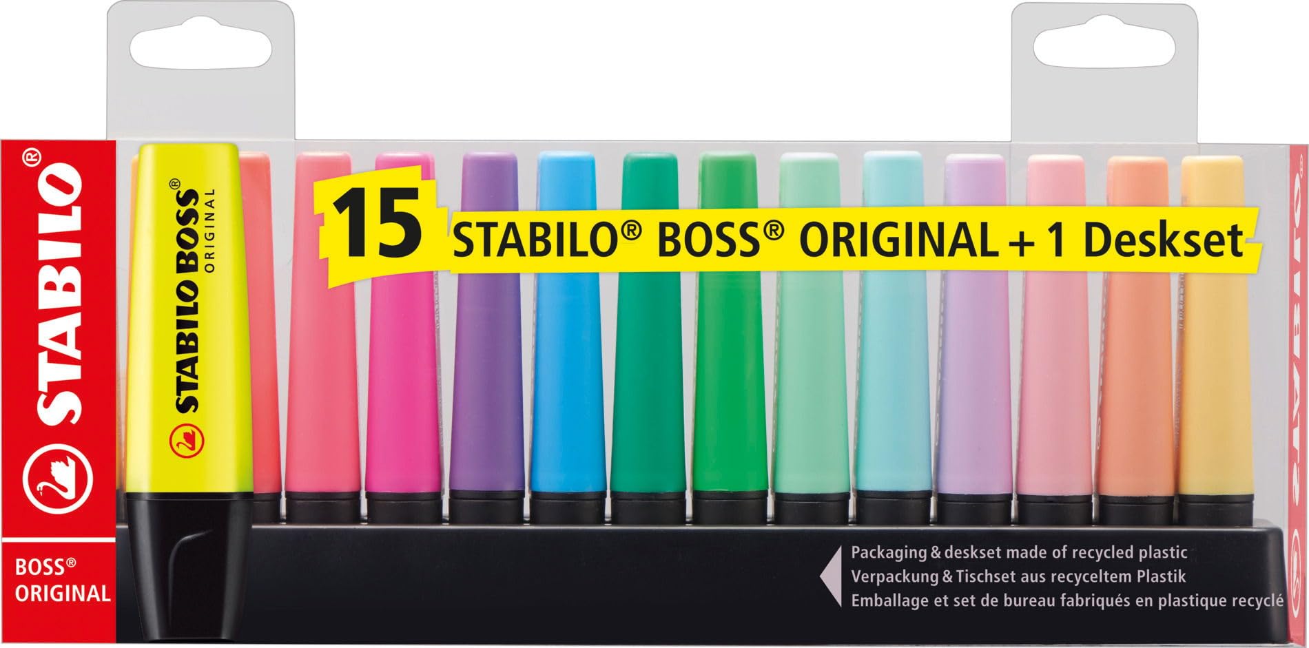 STABILO BOSS ORIGINAL Highlighter - Deskset of 15 (9 Neon, 6 Pastel) | 4 Hour Cap-Off Time | 2mm & 5mm Line Widths