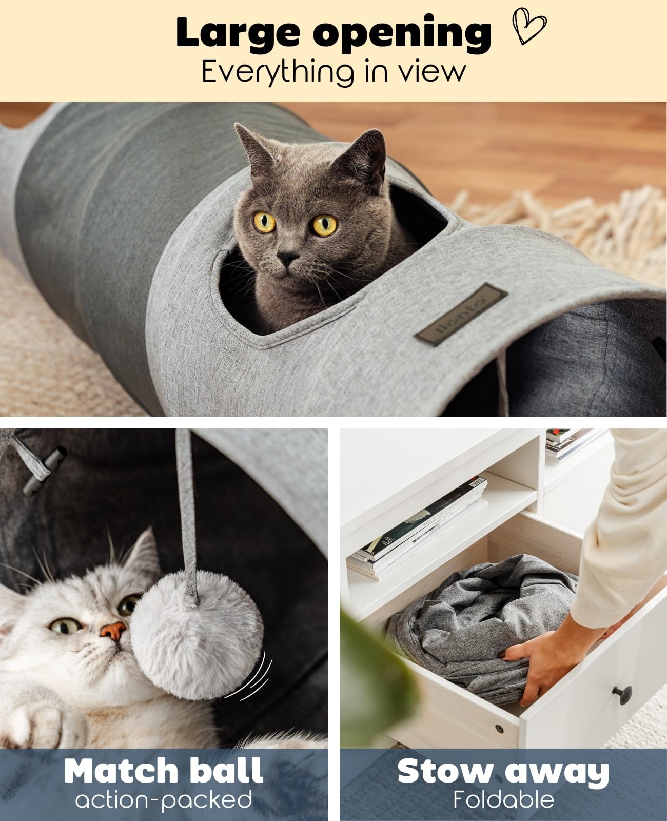 lionto Cat Tunnel with Play Ball - Foldable, Expandable | 30x70 cm | Faux Linen 3
