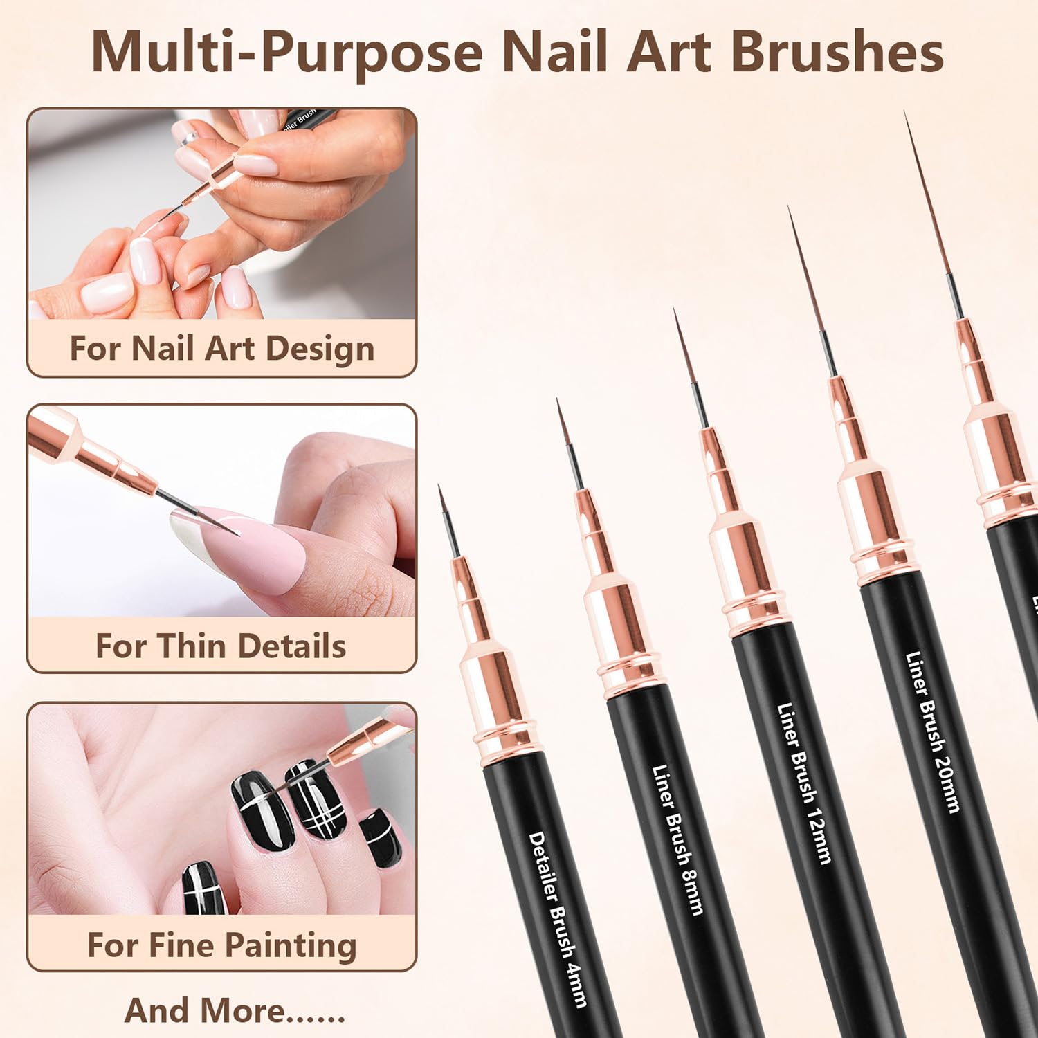 MOXYOY 5Pcs Nail Art Liner Brushes Set - Ultra-Soft Nylon, Metal Handles, 5 Sizes (4mm-25mm) 4