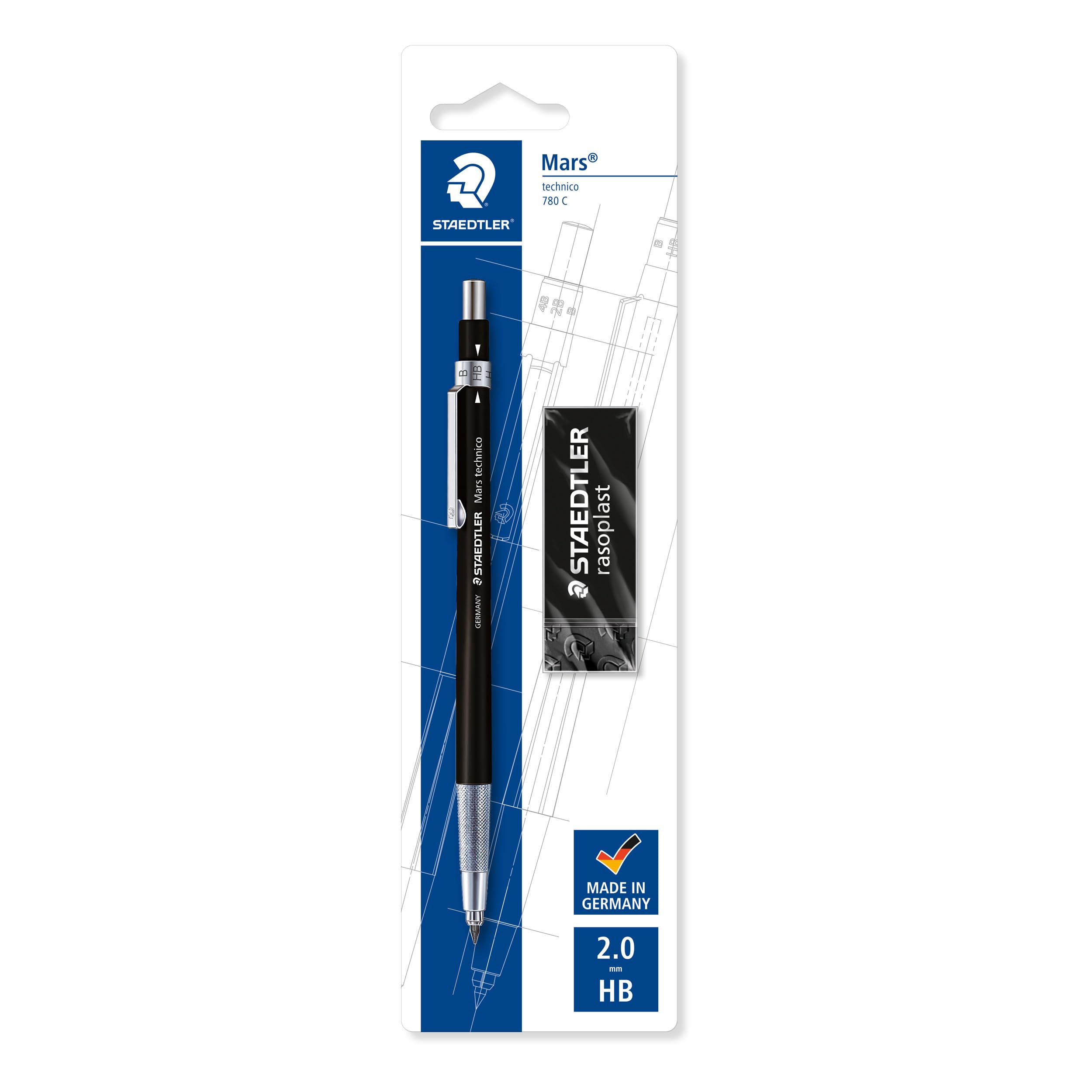 STAEDTLER Mars Technico 780 C BKP6 Mechanical Pencil with HB Lead and Eraser | 2mm Lead | Black