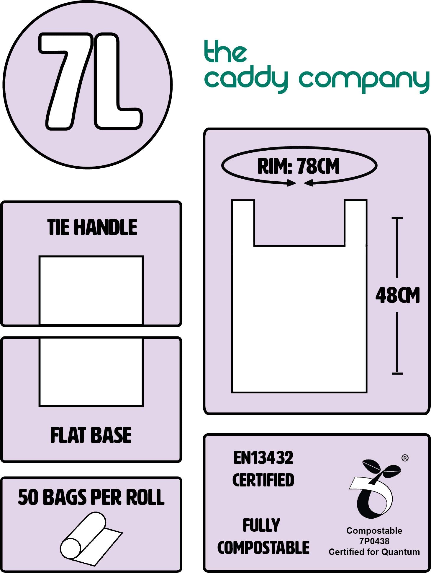 The Caddy Company Tie Handle Compostable Kitchen Caddy Liners - 7 Litre Capacity | 150 Bags Total | Green