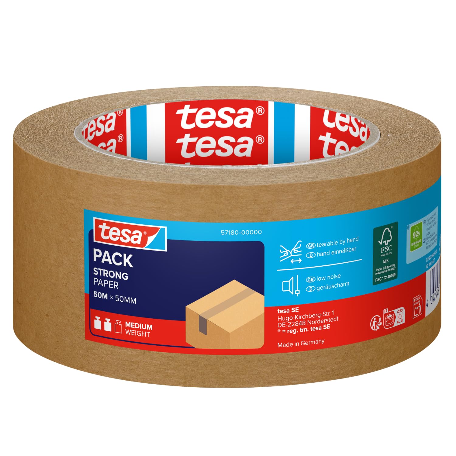 tesa Paper ecoLogo Packaging Tape - Sustainable, Strong Adhesive | 50m x 50mm Brown