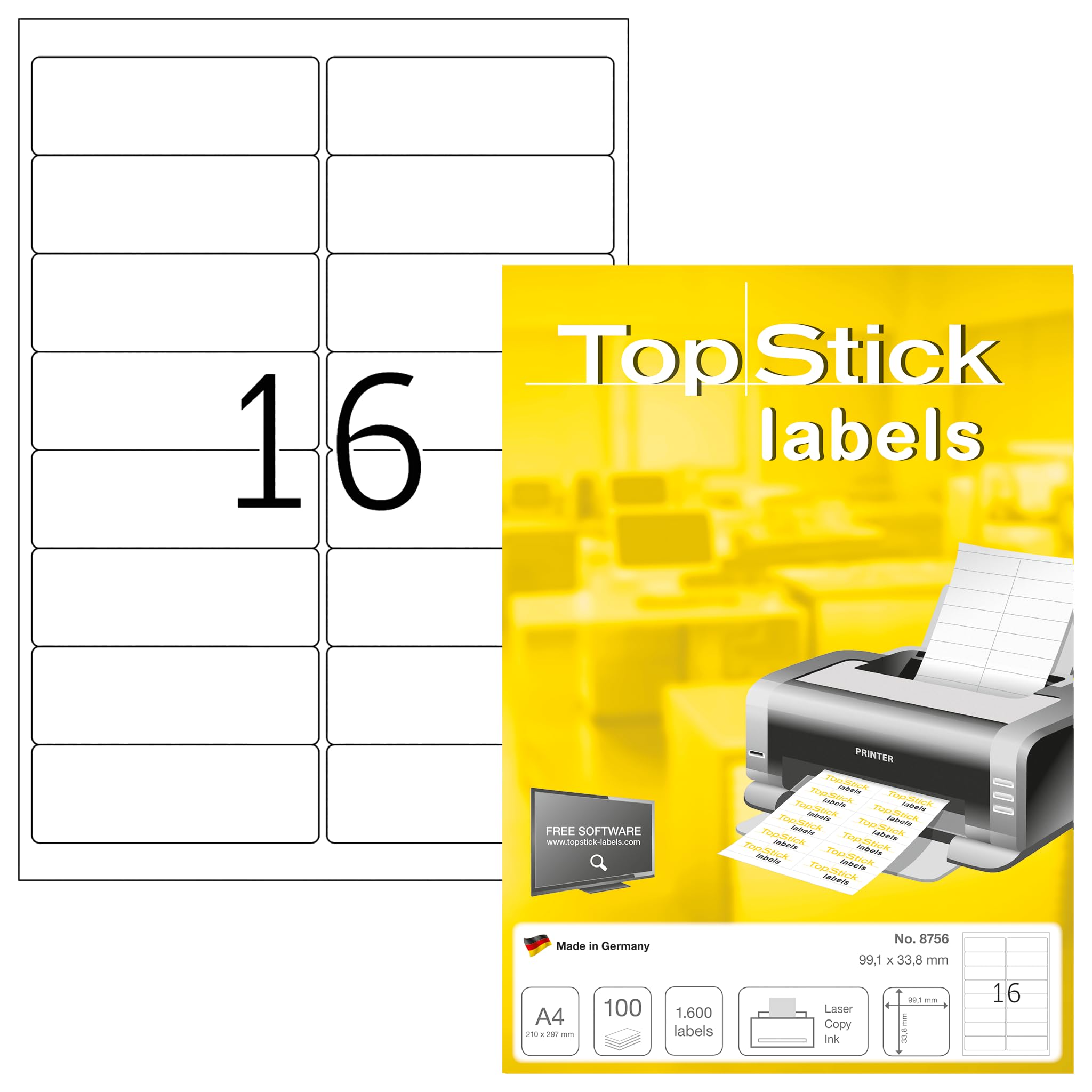 TopStick Self Adhesive Address Labels - 1600 Labels, 99.1 x 33.9 mm, White | For Laser & Inkjet