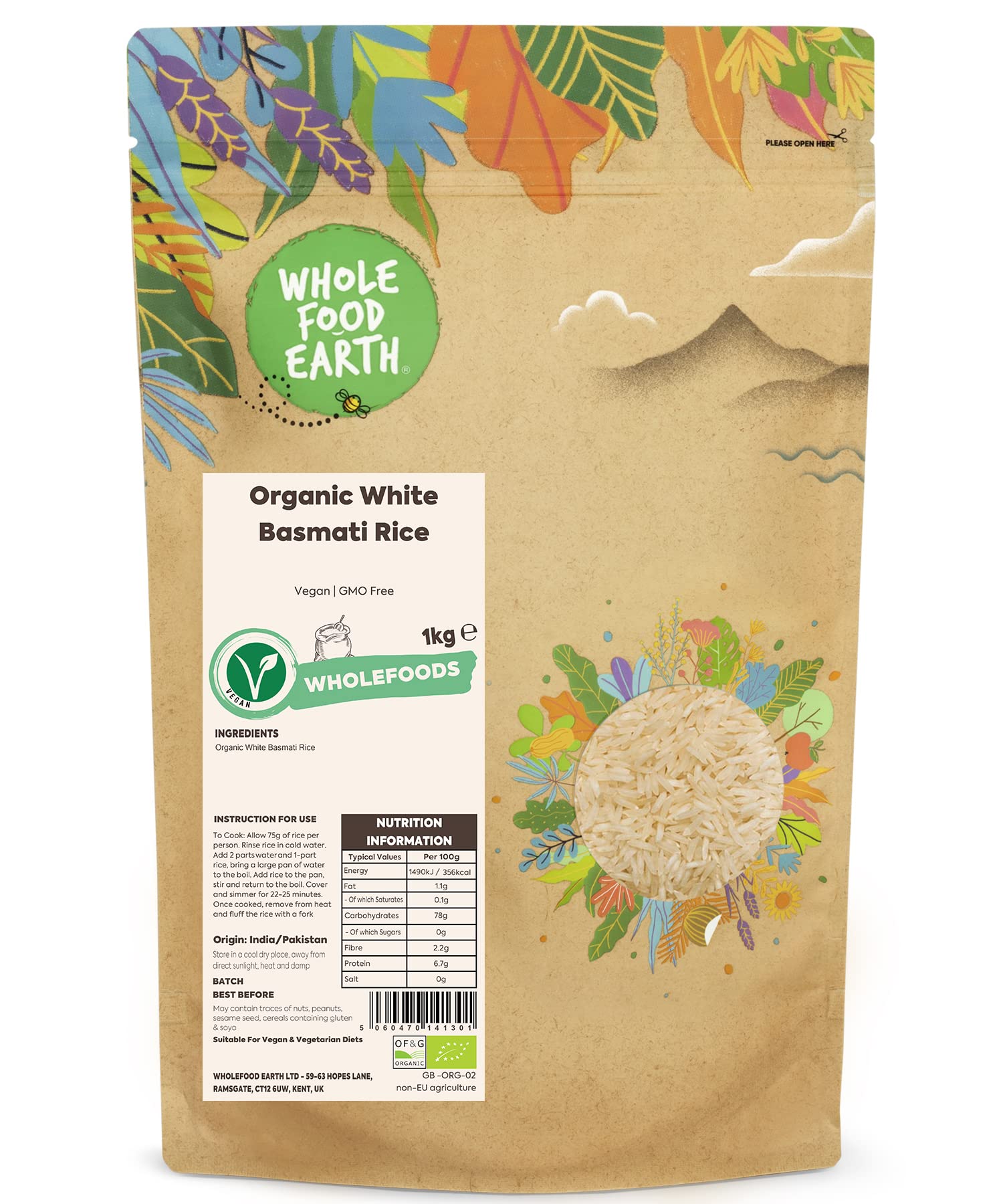 Wholefood Earth Organic White Basmati Rice - Long Grain Fluffy Texture | 1kg
