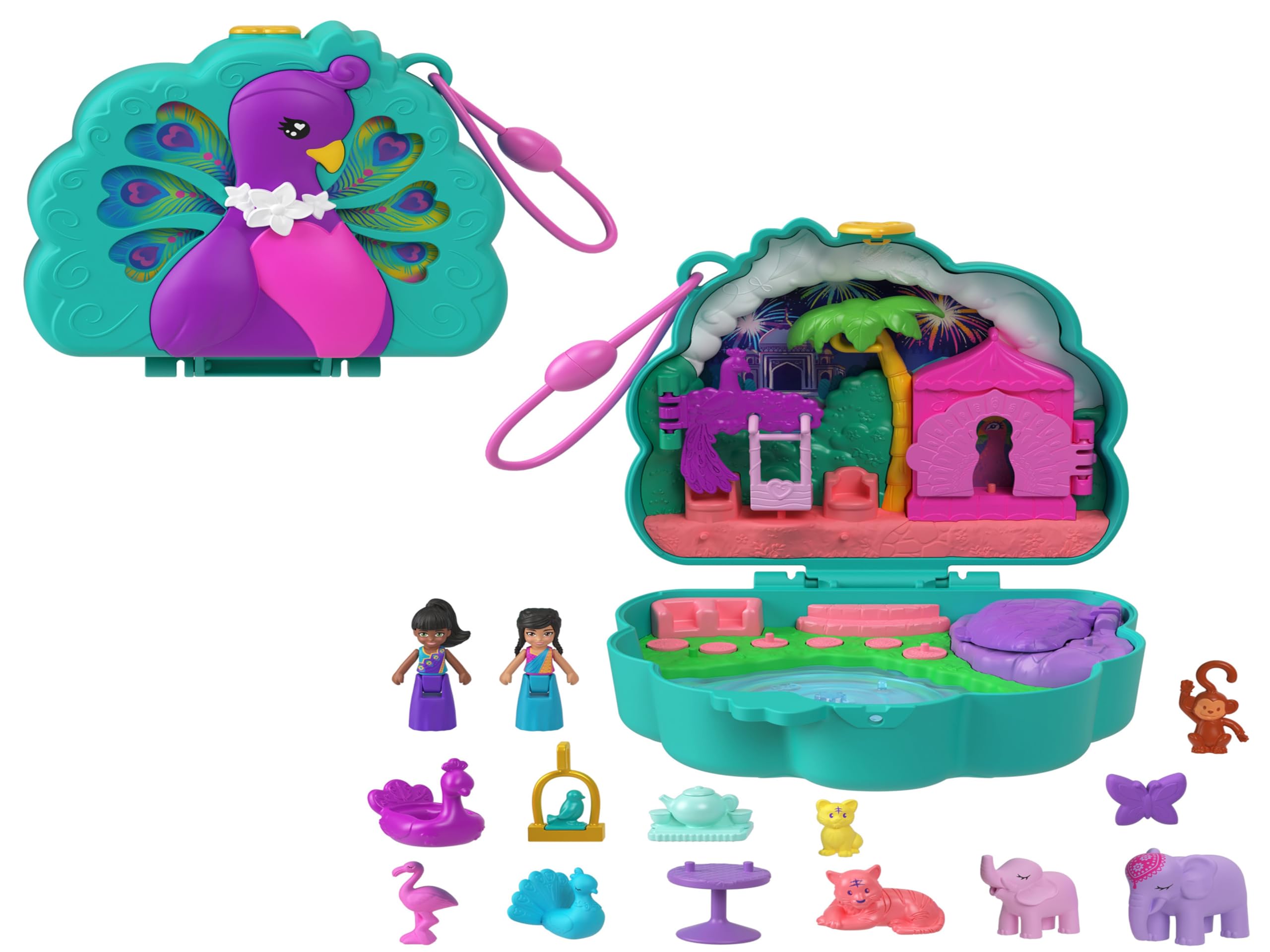 Polly Pocket Peacock Garden Compact Playset - 2 Micro Dolls with Pets & 14-Piece Travel Toy for Ages 4+ 1