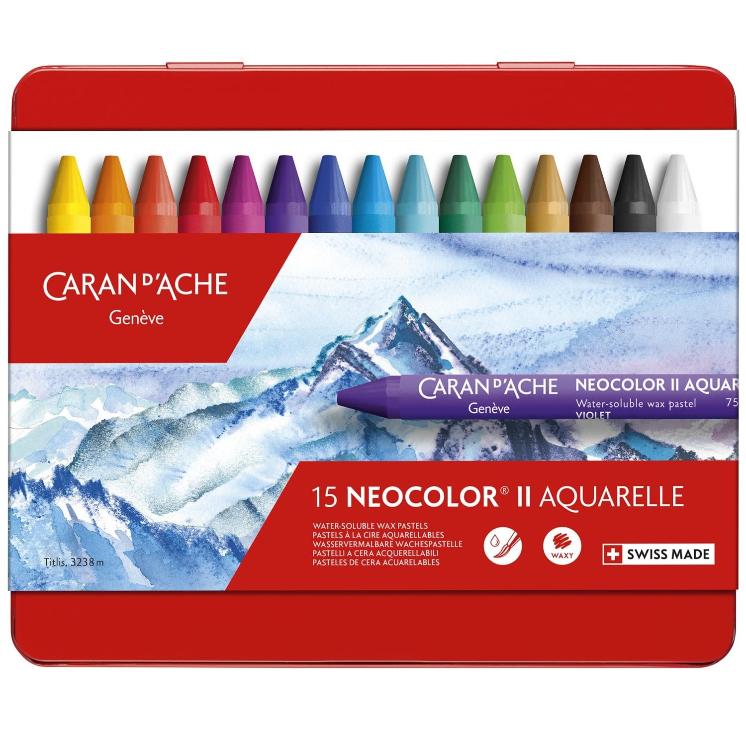 Caran d'Ache NeoColor II Water Soluble Wax Pastel Set - 15 Multi-Colours | High Pigment Concentration