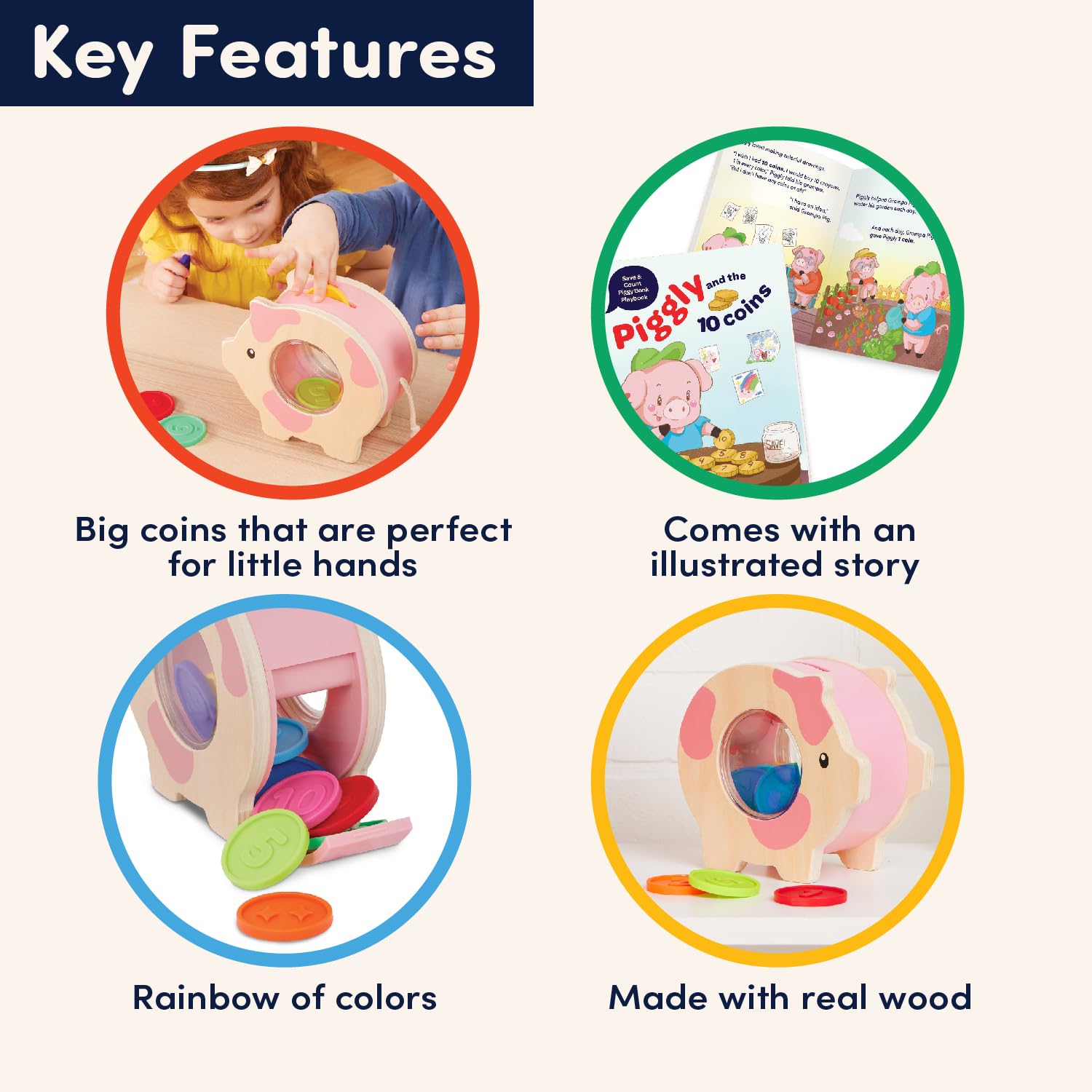 Battat Education Wooden Piggy Bank - Counting & Fine Motor Skills Toy | Ages 18 Months+ 3