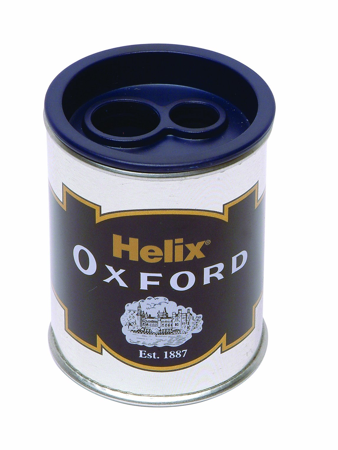 Helix Oxford Two Hole Barrel Pencil Sharpener - Metal Barrel | Collects Shavings | Blue