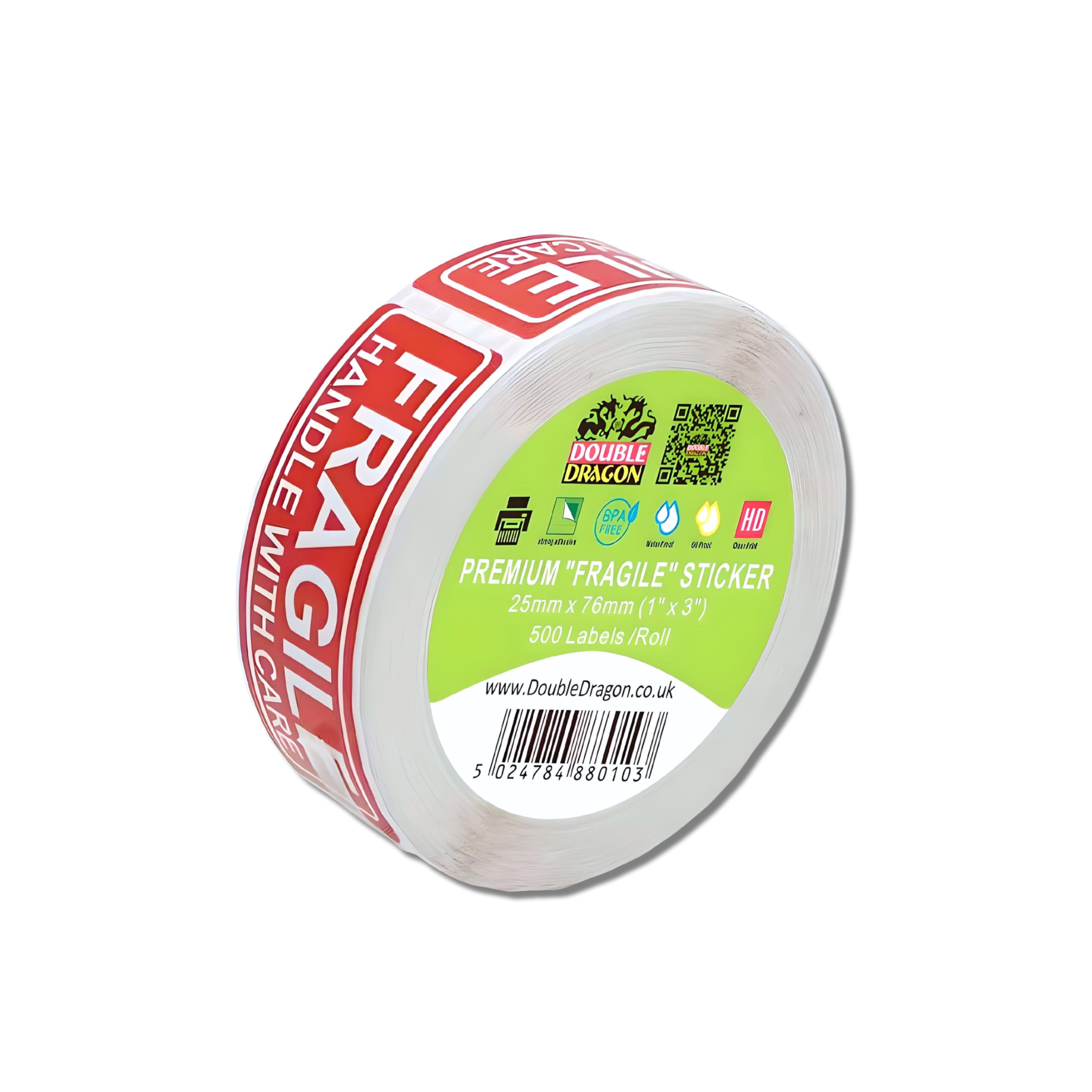 Double Dragon Fragile Stickers - 500 Pack, 1" x 3" Red Warning Labels | Strong Adhesive