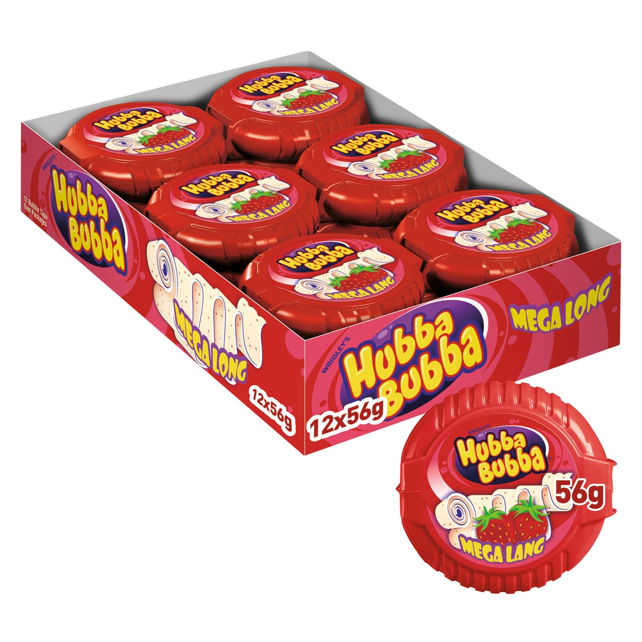 Hubba Bubba - Snappy Strawberry Mega Long Tape Chewing Gum (12 Packs of 180cm)