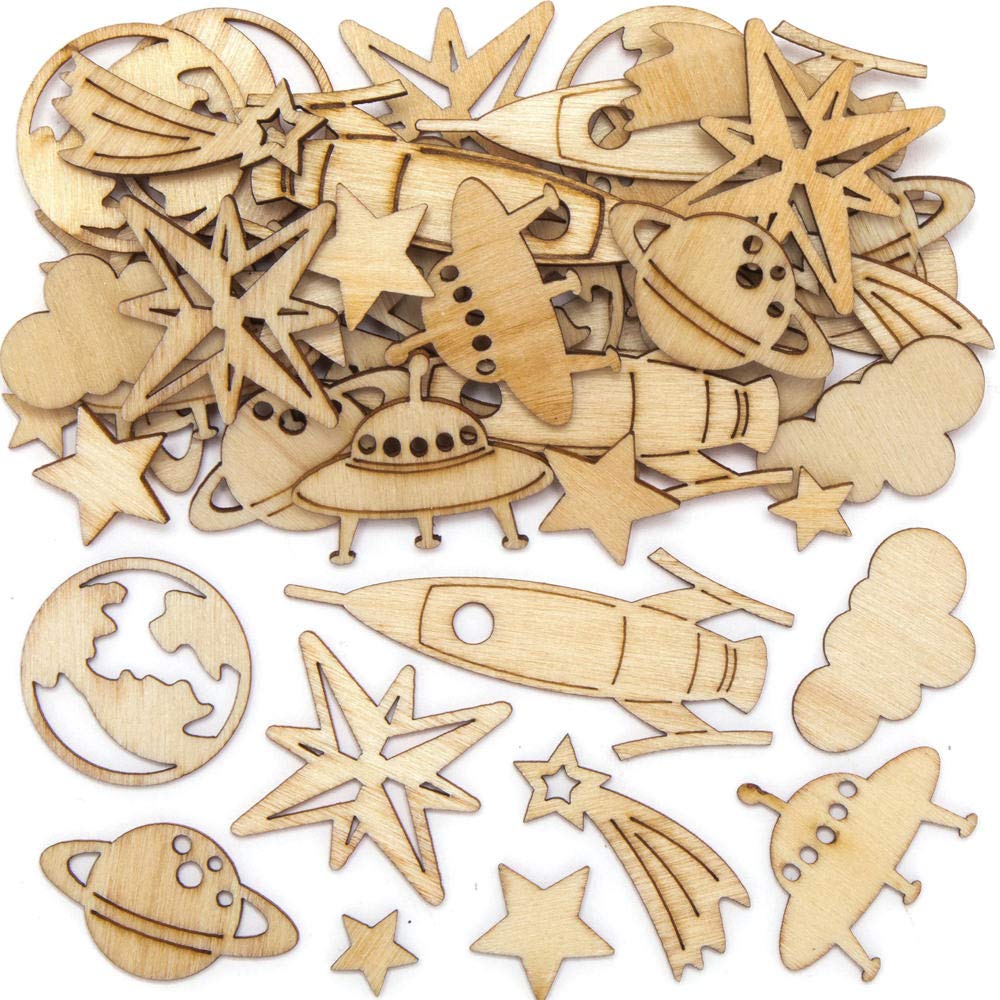 Baker Ross Outer Space Wooden Shape Decorations - Pack of 45, Solar System Shapes (1.5-3cm)