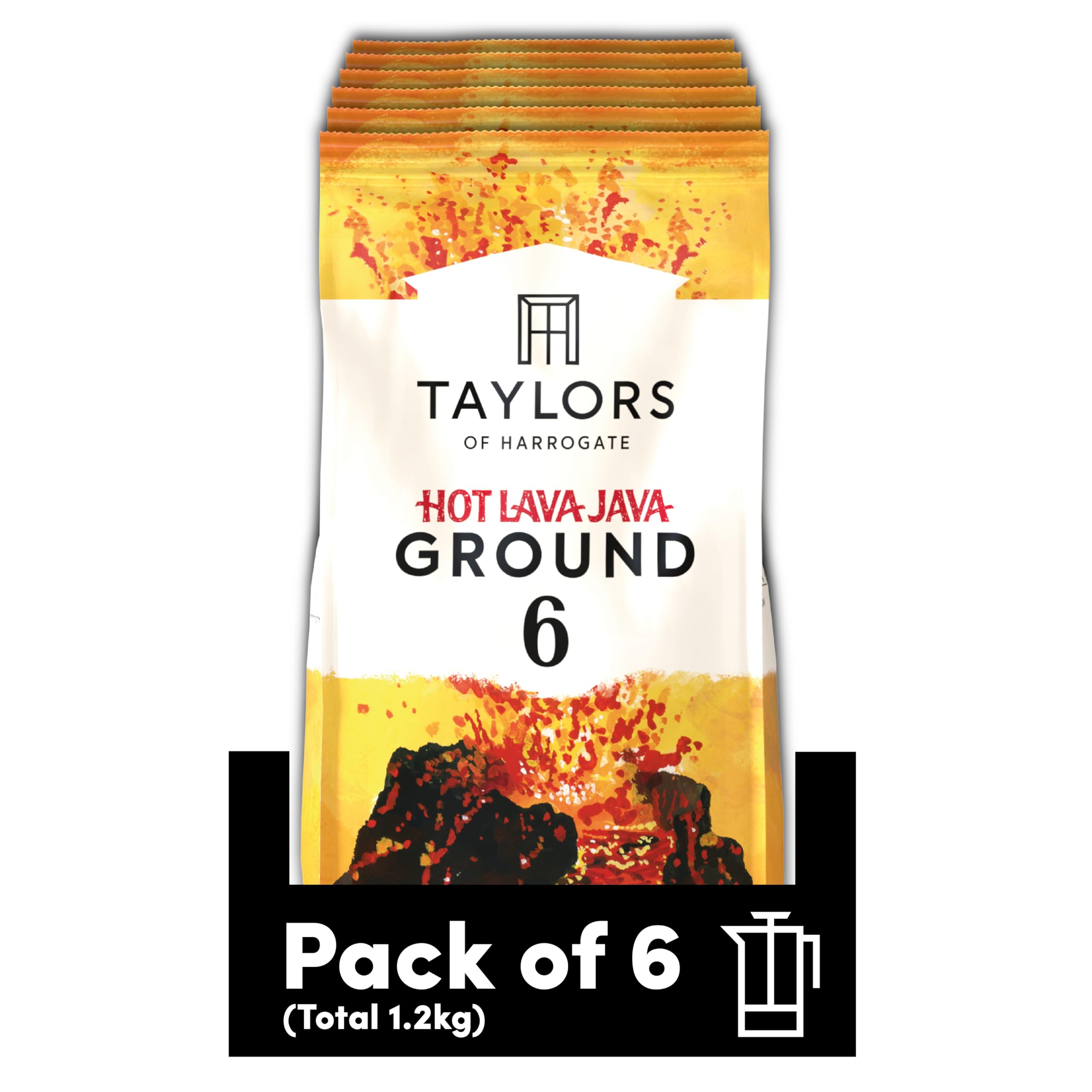 Taylors of Harrogate Hot Lava Java Ground Coffee - Extra Dark Roast, Smoky Notes | 200g Pack of 6